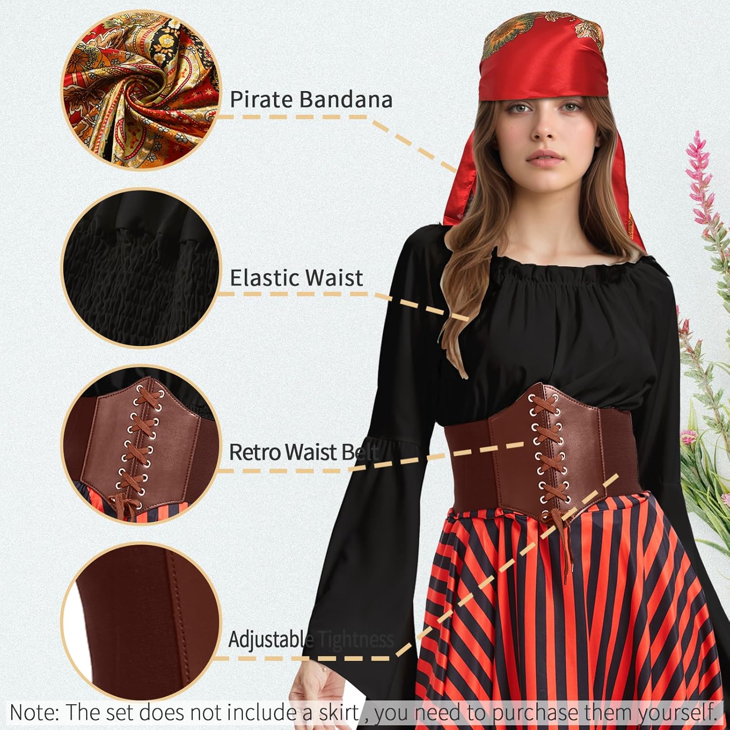 4Pcs Pirate Costume Women-Include Renaissance Shirt Top Women,Pirate Corset Bandana-Halloween Carnival Cosplay Outfit - Image 4