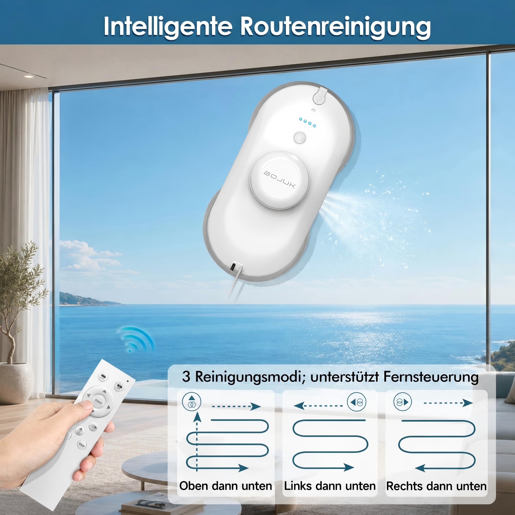 Fensterputzroboter, 5000Pa Fensterroboter, Dual-Sprühsystem, 100ml Tank, Intelligente Navigation, 3 Modi, Kantenerkennung, UPS, lückenlose Reinigung für Glas & rahmenlose Fenster