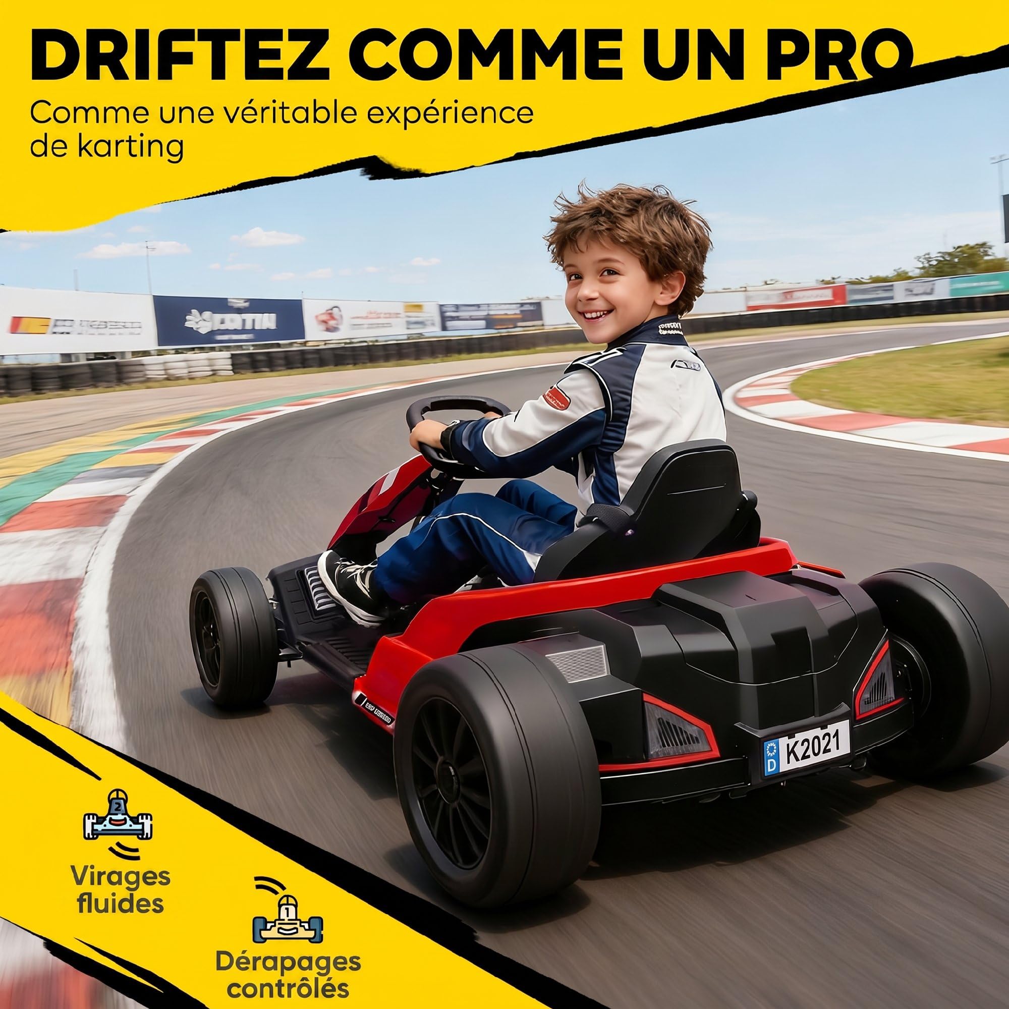 AIYAPLAY, Kart Électrique pour Enfants 24 V, Go Kart, Mode Drift, Rouge | Batterie 24V, Siège Réglable, Moteur 2x150W, Démarrage Progressif, Vitesses 6-18km/h, Harnais de Sécurité, Musique, 6-12 ans