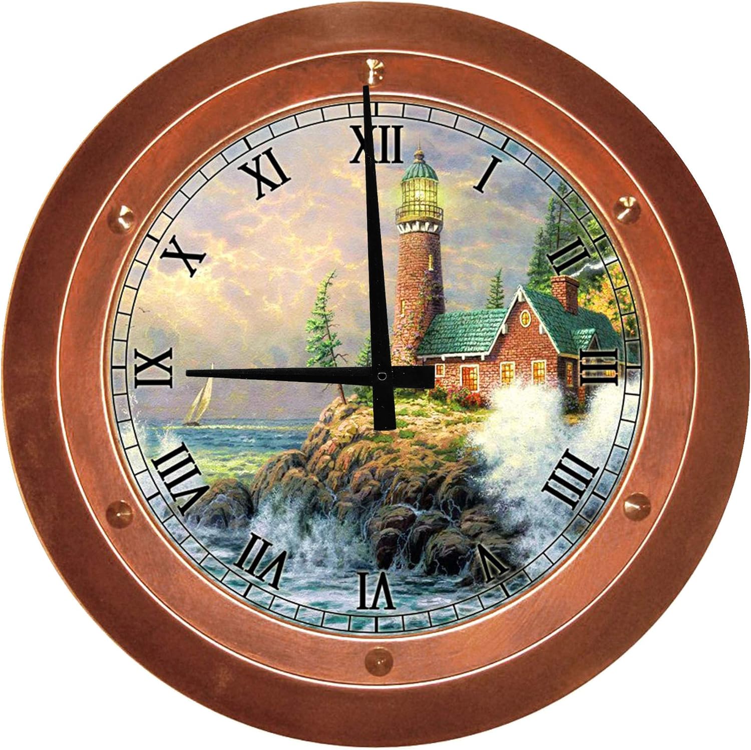 Lighthouse Sailboat Shore Large Round Wood Wall Clock Decor 12 Inch Wall Art