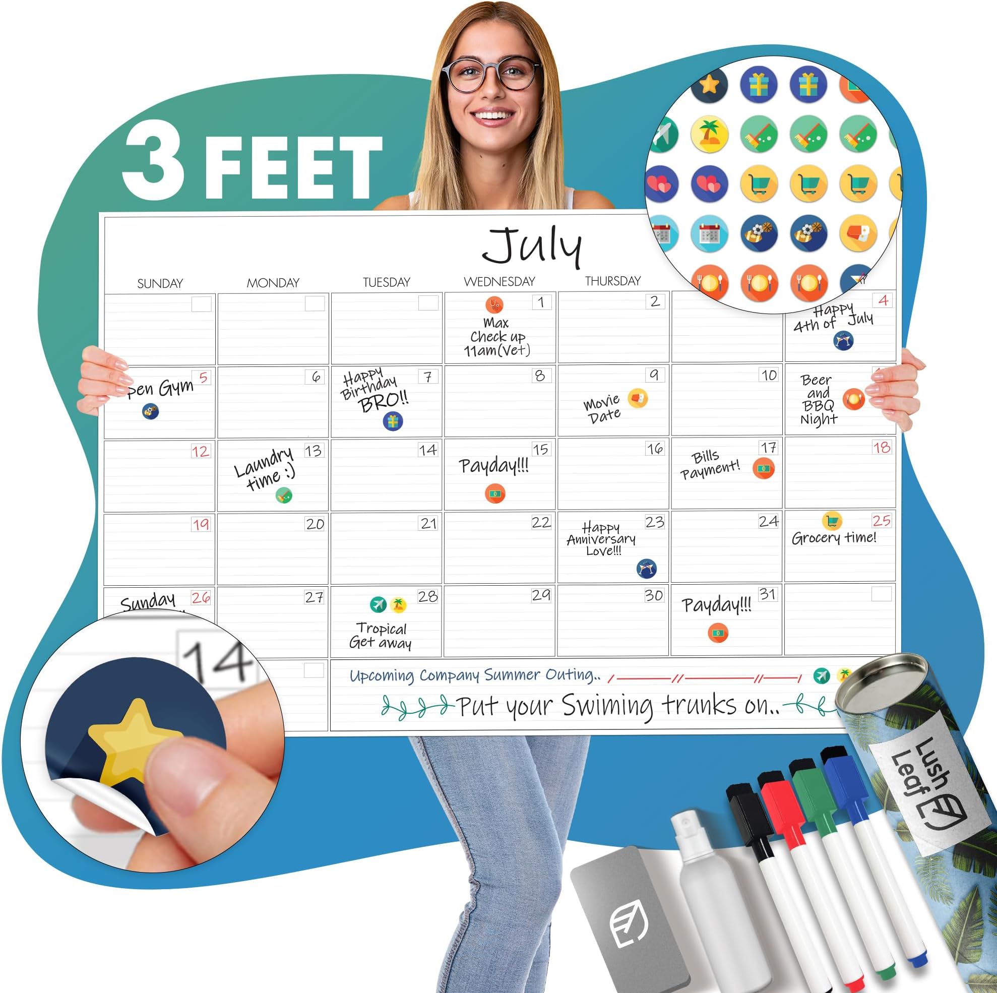 X Large Dry Erase Wall Calendar - 24"x 36" Premium Giant Oversized Undated Erasable Deadline Task Calendar for 2020 - Jumbo Monthly Task Organizer Planner for Home, Business & Dorm Room