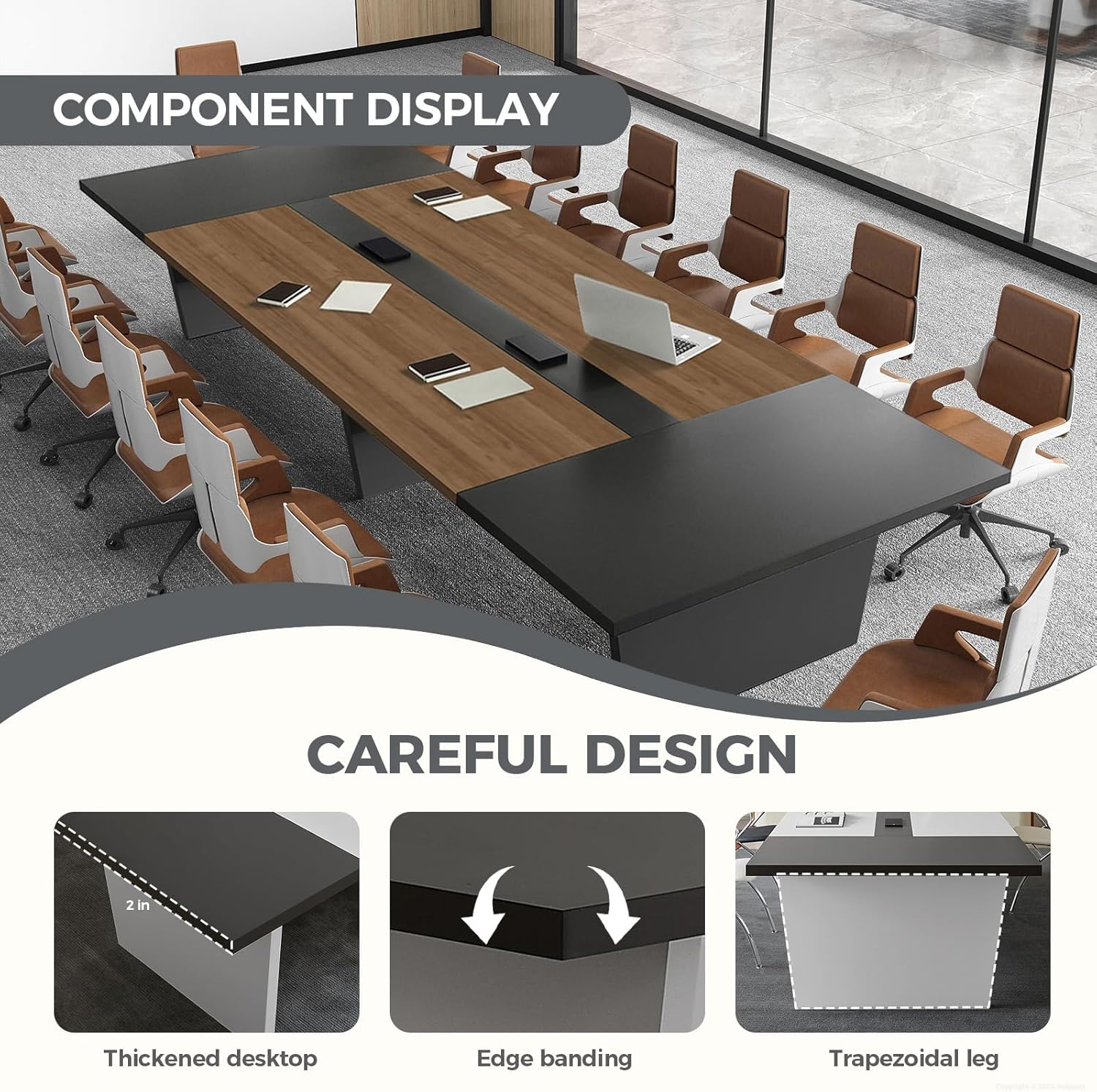 118" Rectangular Conference Table, Seats 10-12, Built-in Power Outlets & USB Charging Ports, Cable Management, 2-Inch Thick Top, Walnut/Grey