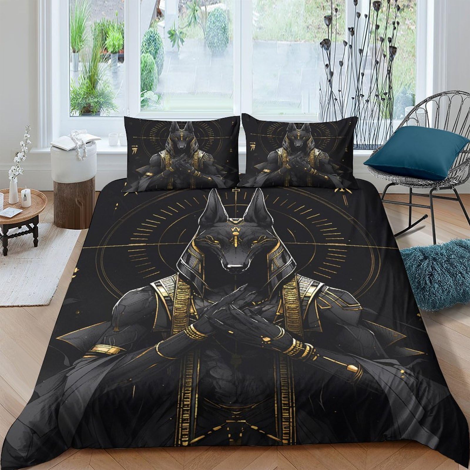 Ctjqhvkz Style-2 3D Printed Egyptian Anubis Fitted Sheet Microfiber Soft Black Gold Pharaoh Bed Cover For Bedroom Decor Dorm Mattress Protection Single（135X200cm）