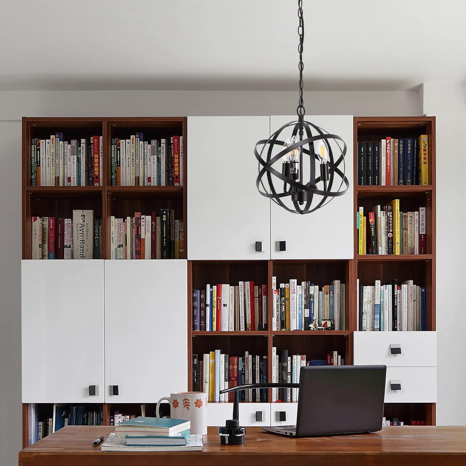 3 Light Chandelier Plug in Pendant Hanging Light Globe Swag Black Iron Lamp Chain Adjustable 15 Ft Cord On/Off Switch for Hallway Entryway Bedroom Balcony Kitchen Island Foyer