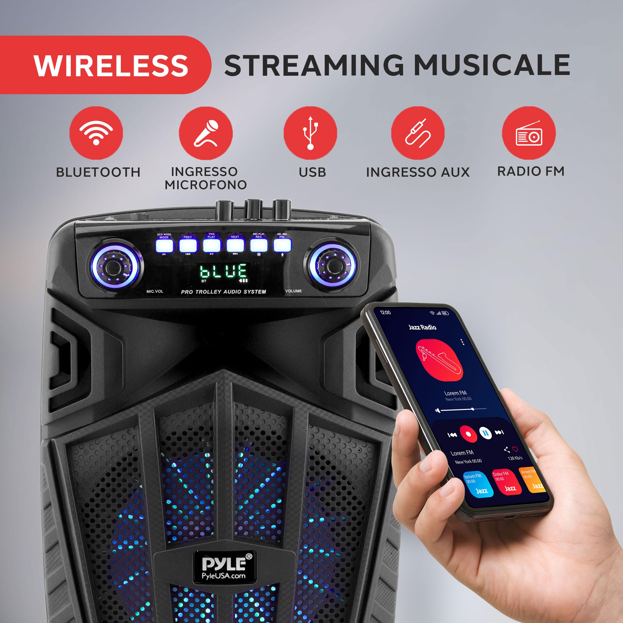 Pyle Cassa Bluetooth Portatile 680W, Altoparlante Bluetooth PA 25cm con Microfono Wireless, Ruote, TWS, Luci, Display LED, Ingresso Mic 6,5mm, FM/AUX/MP3/USB/SD