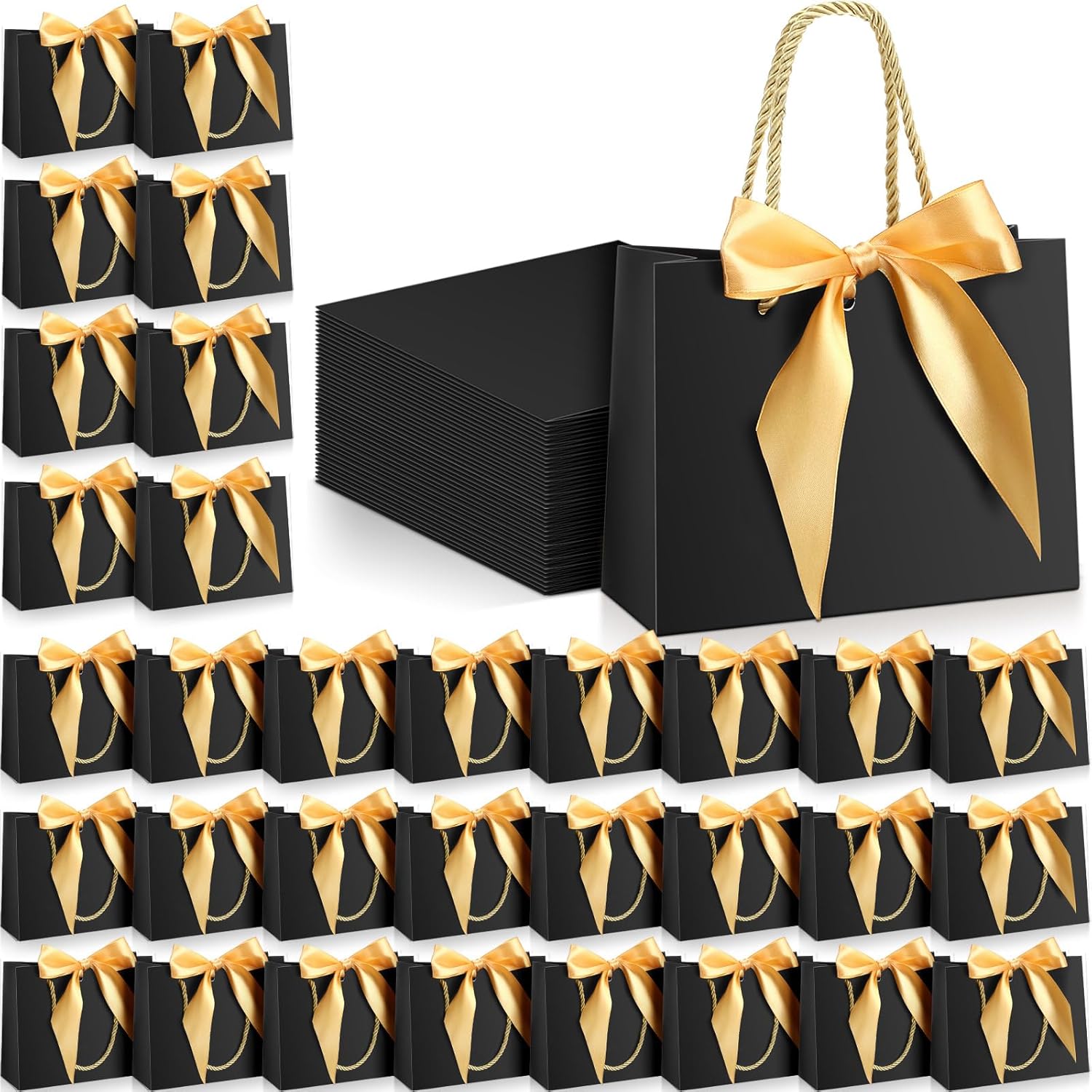 Kolldenn 50 Pcs Gift Bags with Handle 7.5 x 6 x 2.8 Inch Black Gold Thank You Bag with Bow Ribbon for Christmas Wedding Birthday Bridal Shower Bridesmaid Graduation Party Favor
