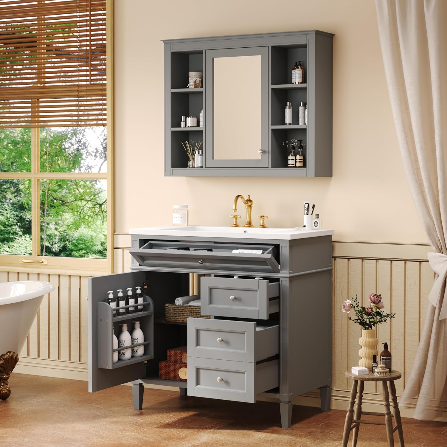 Bathroom Vanity,36" Modern,w/Top Sink & Mirror Cabinet,Freestanding Bathrooms Storage Organizer with 2 Soft-Close Drawers,Tip-Out Tray,and 6-Shelf Over-The-Toilet Cabinets,Narrow Shelves,Grey