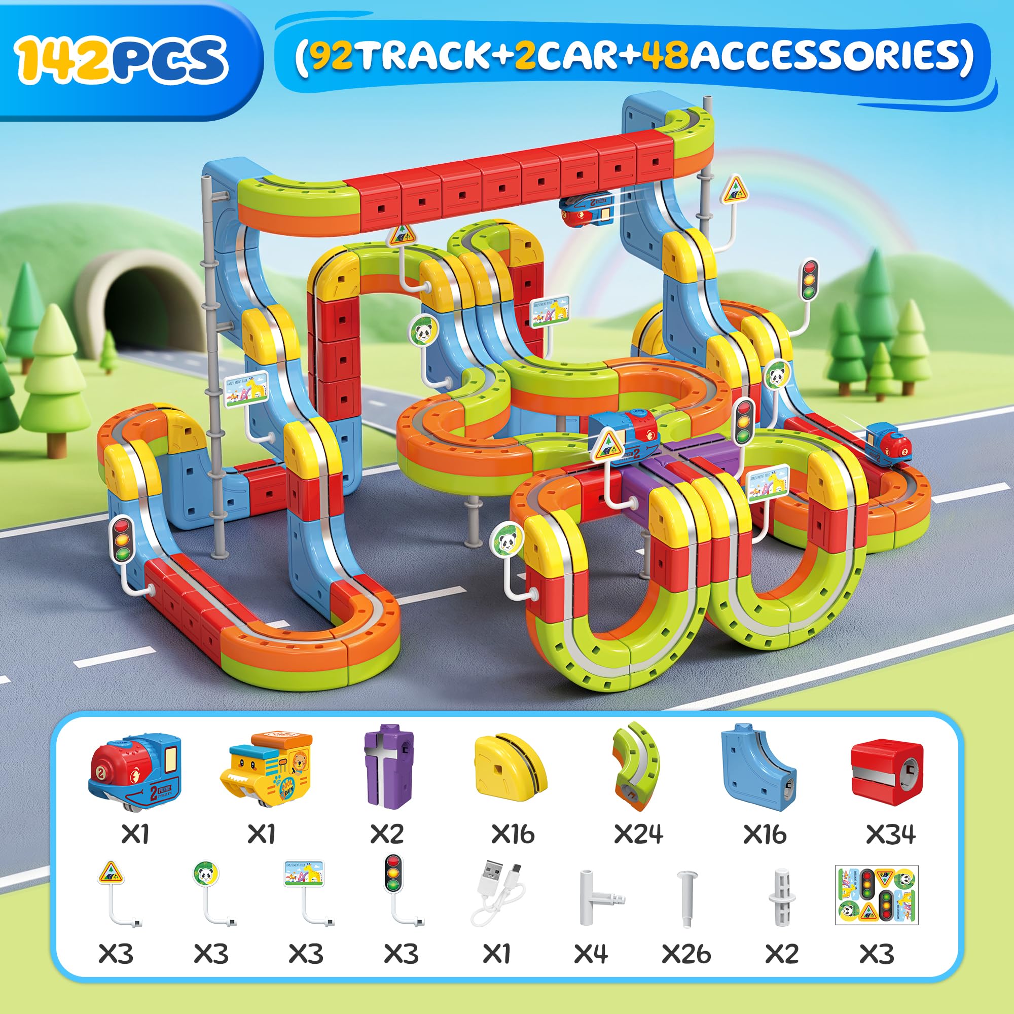 Juego de tren eléctrico para niños, 141 piezas (92 pistas + 2 coches), juego de tren magnético para niños pequeños, juguetes STEM, regalos de cumpleaños para niños de 3 a 12 años, kits de pista