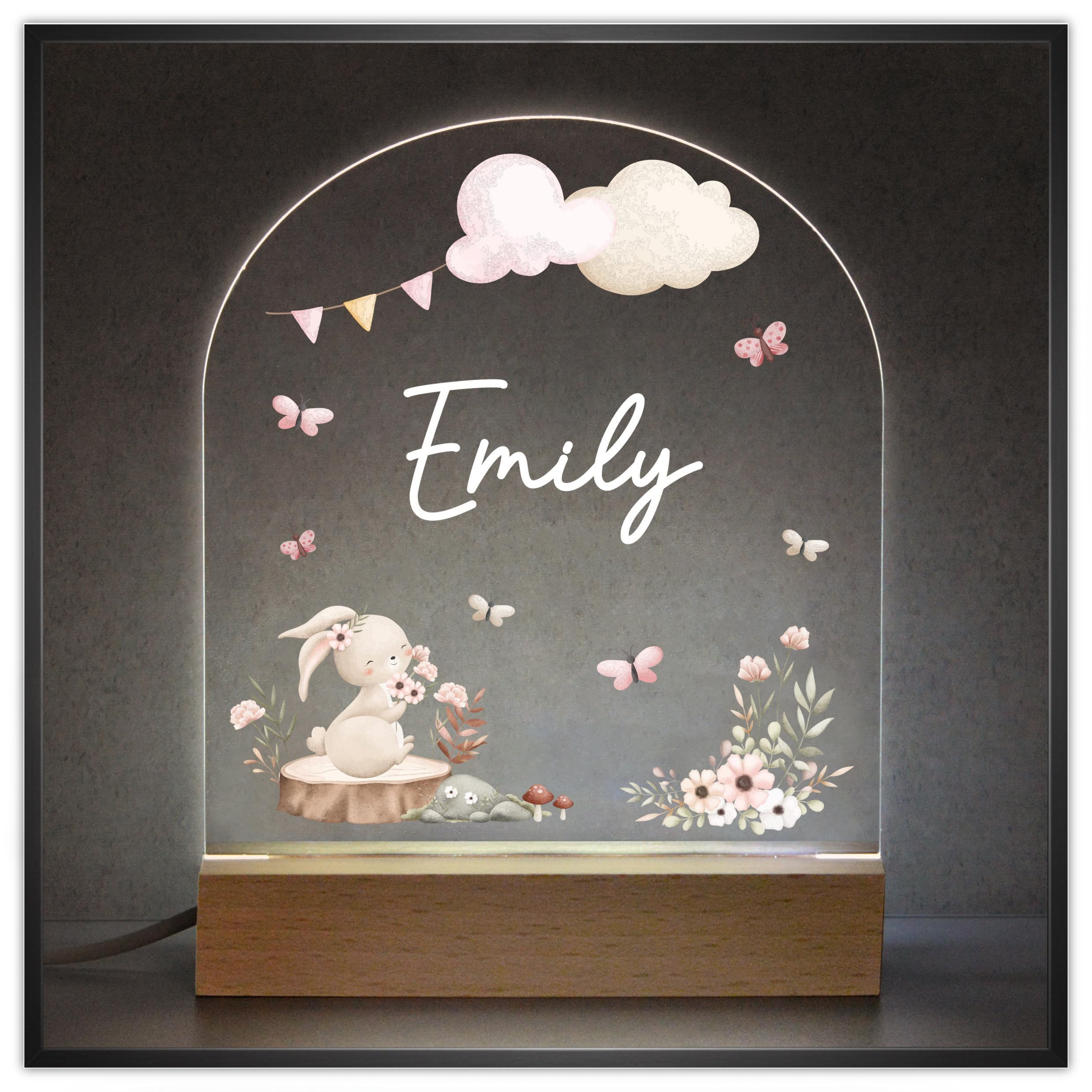 Beecreative Personalised Baby Girl Gifts - Custom LED Nursery Night Light - Girls Rabbit Bedroom Lamp with Childs Name
