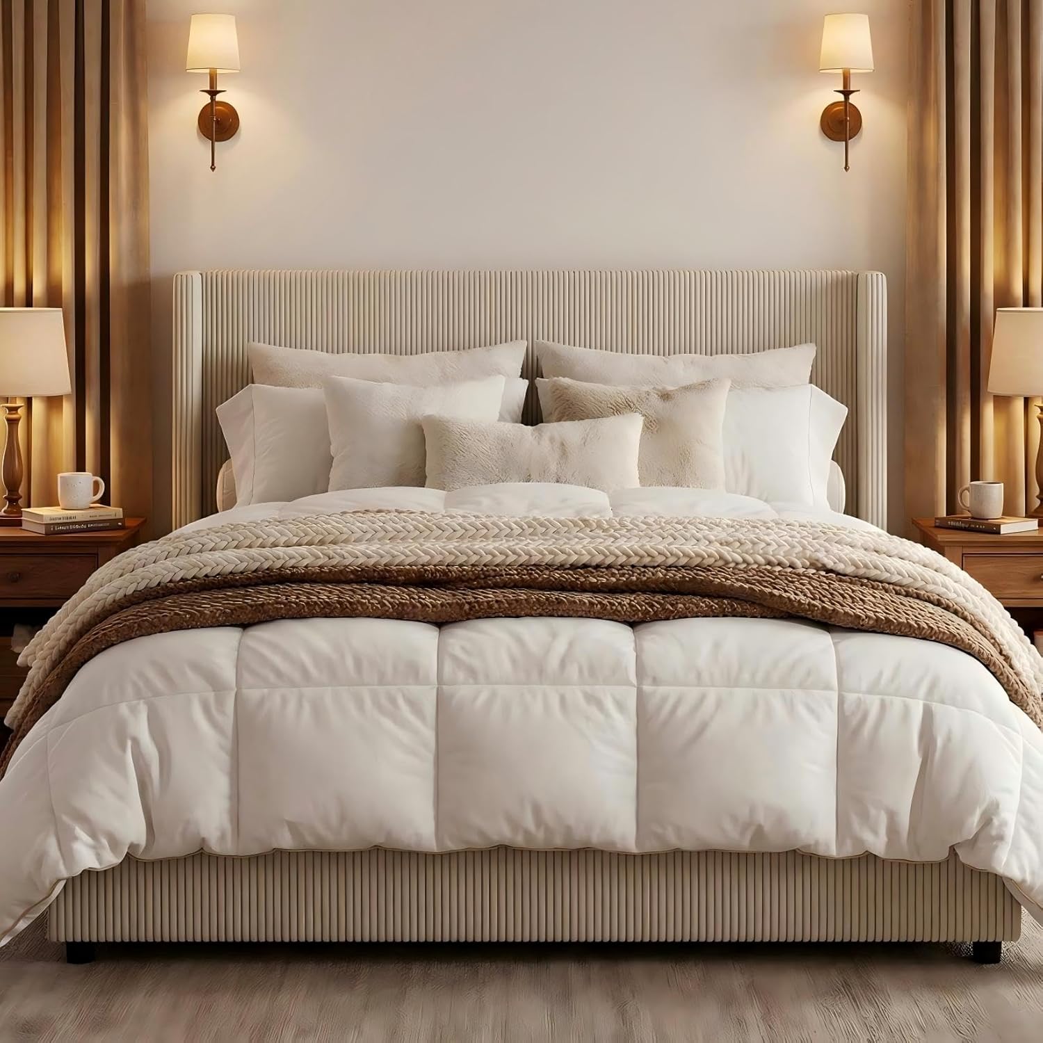 IDEALHOUSE King Size Bed Frame with Storage Drawers, Corduroy Upholstered Platform with Wingback, Tufted Headboard and Footboard, No Box Spring Needed, Beige