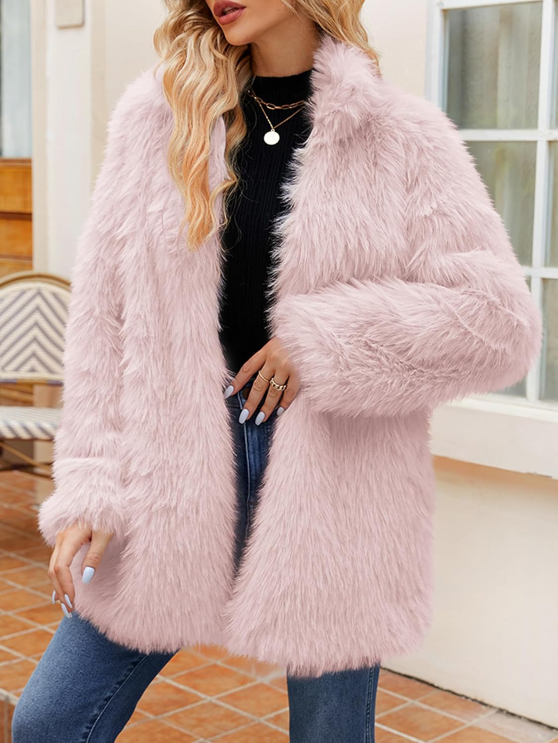 Simplee Women's Faux Fur Coat Furry Winter Jacket Long Sleeve Warm Open Front Fluffy Jackets - Image 2