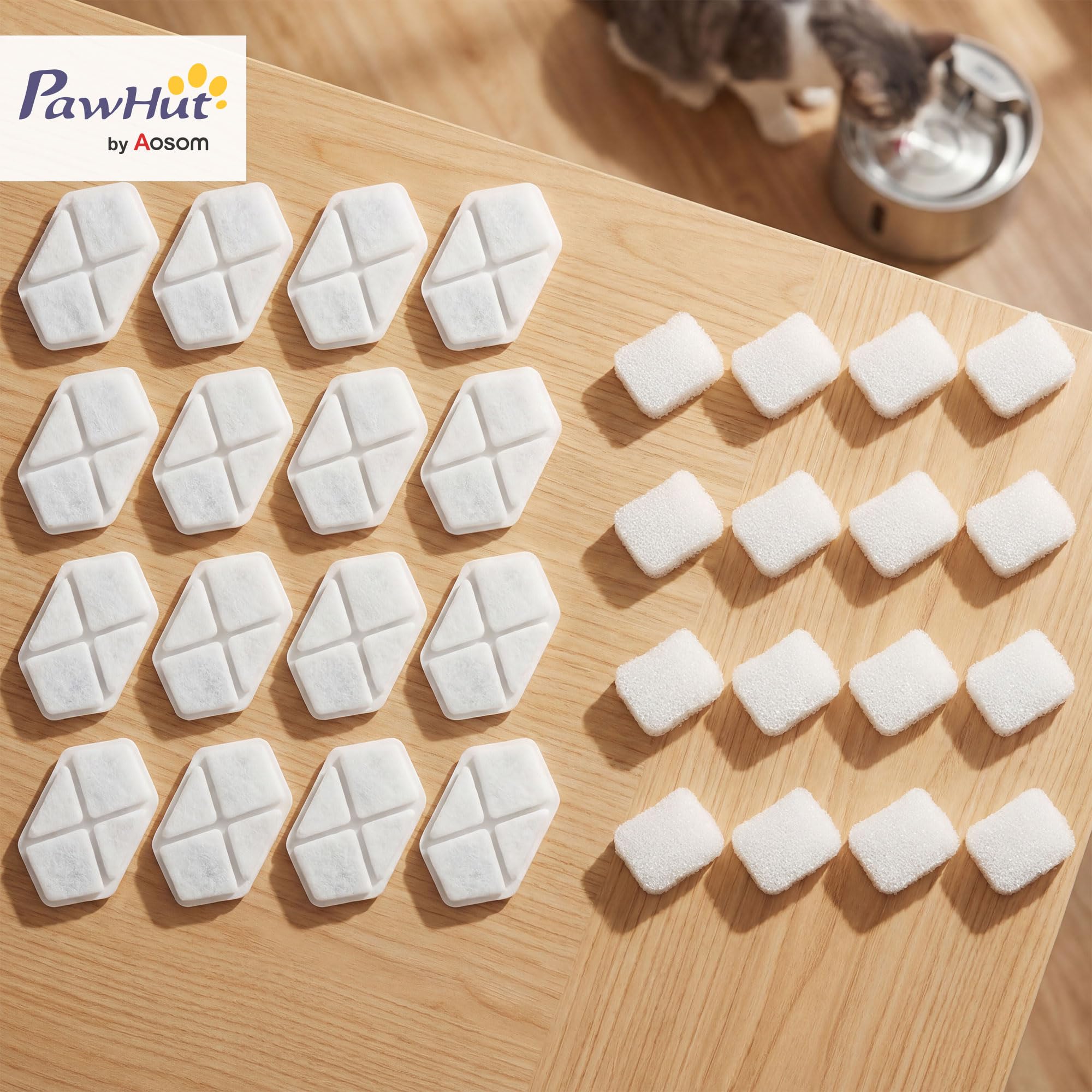 PawHut Juego de 16 filtros para fuente de gato, filtro de agua para gatos y perros, sistema de filtración triple con algodón PP, carbón activado y resina de intercambio iónico, color blanco