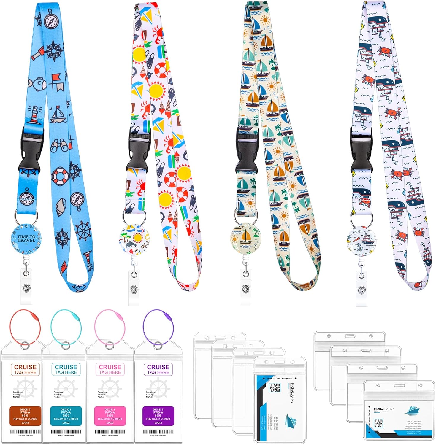 4 Pack Cruise Lanyards Set for Ship Cards, with Retractable Badge Reel Waterproof Luggage Tag Holders Id Card Holders, Sea-Themes Pattern for All Cruises Ticket Key Cards Luggage Tag