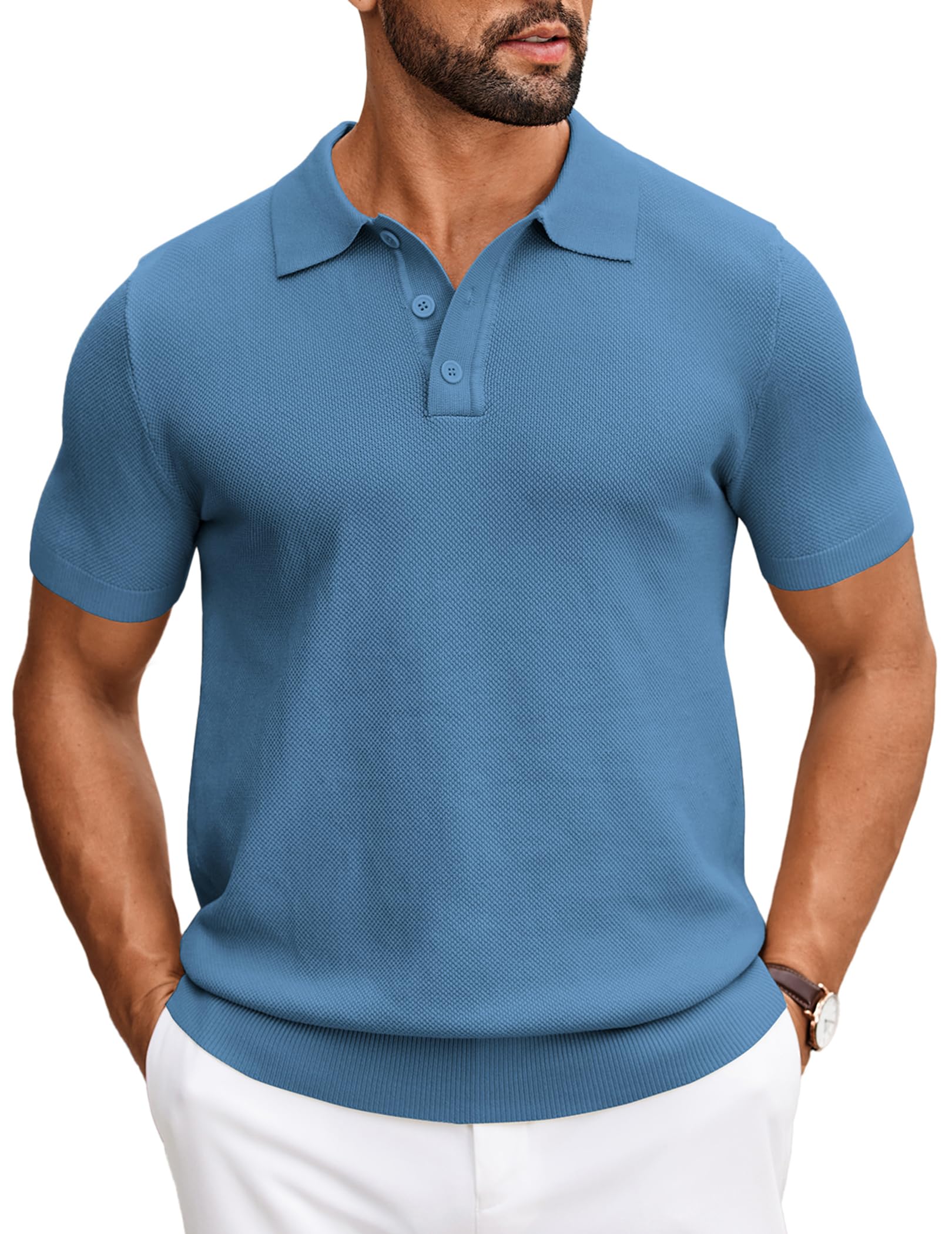 COOFANDY Mens Knit Polo Shirts Short Sleeve Classic Fit Shirts Casual Goft Collared Textured T Shirt