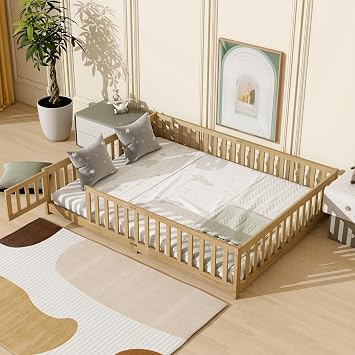 Queen Size Rubber Wood Floor Bed with Door and Fence, Montessori Platform Bed Frame with Safety Guardrails and Slat Support for Kids Girls Boys, No Box Spring Needed Natural-01