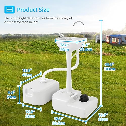 Miniatura 6 de YITAHOME Fregadero portátil para acampar, estación de lavado de manos, soporte de lavabo de 17 L con tanque de recuperación de 24 L, ruedas