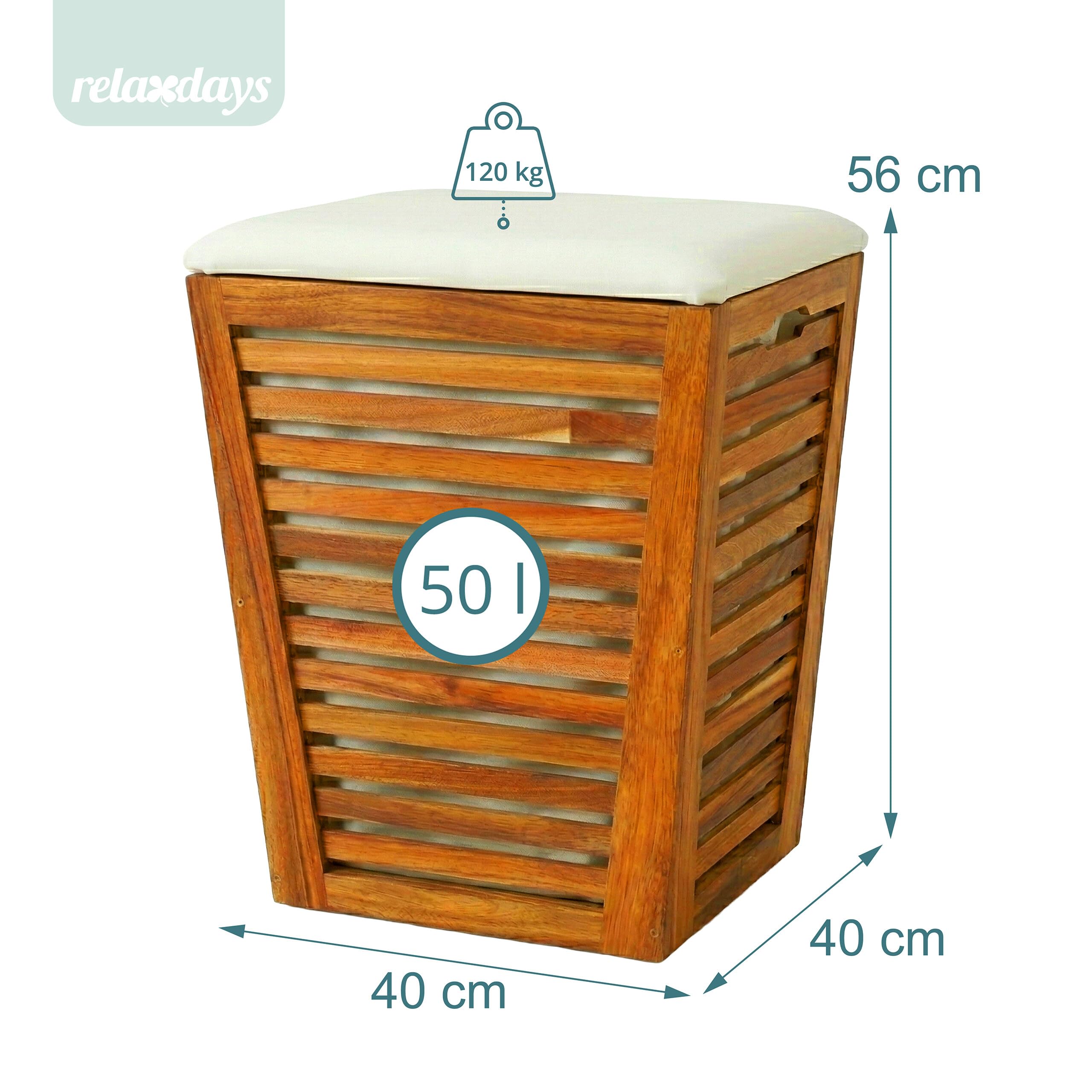 Relaxdays Wäschekorb mit Sitz, Badbank mit Stauraum, 50 l Wäschesammler, HBT 56x40x40 cm, Akazienholz, Stoff, braun/weiß