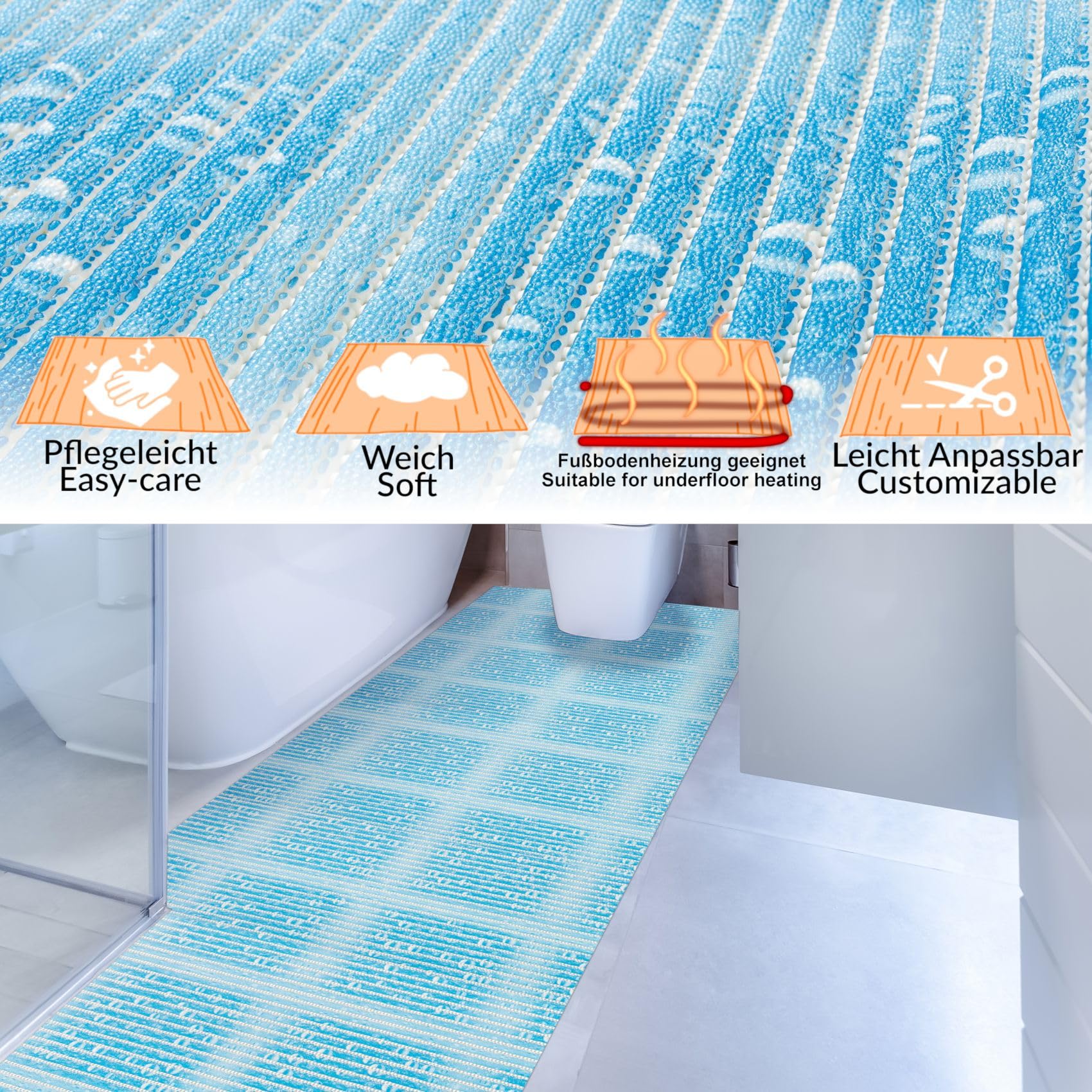 ANRO Alfombra de baño de espuma suave, antideslizante, color azul, 1000 x 65 cm (10 m)