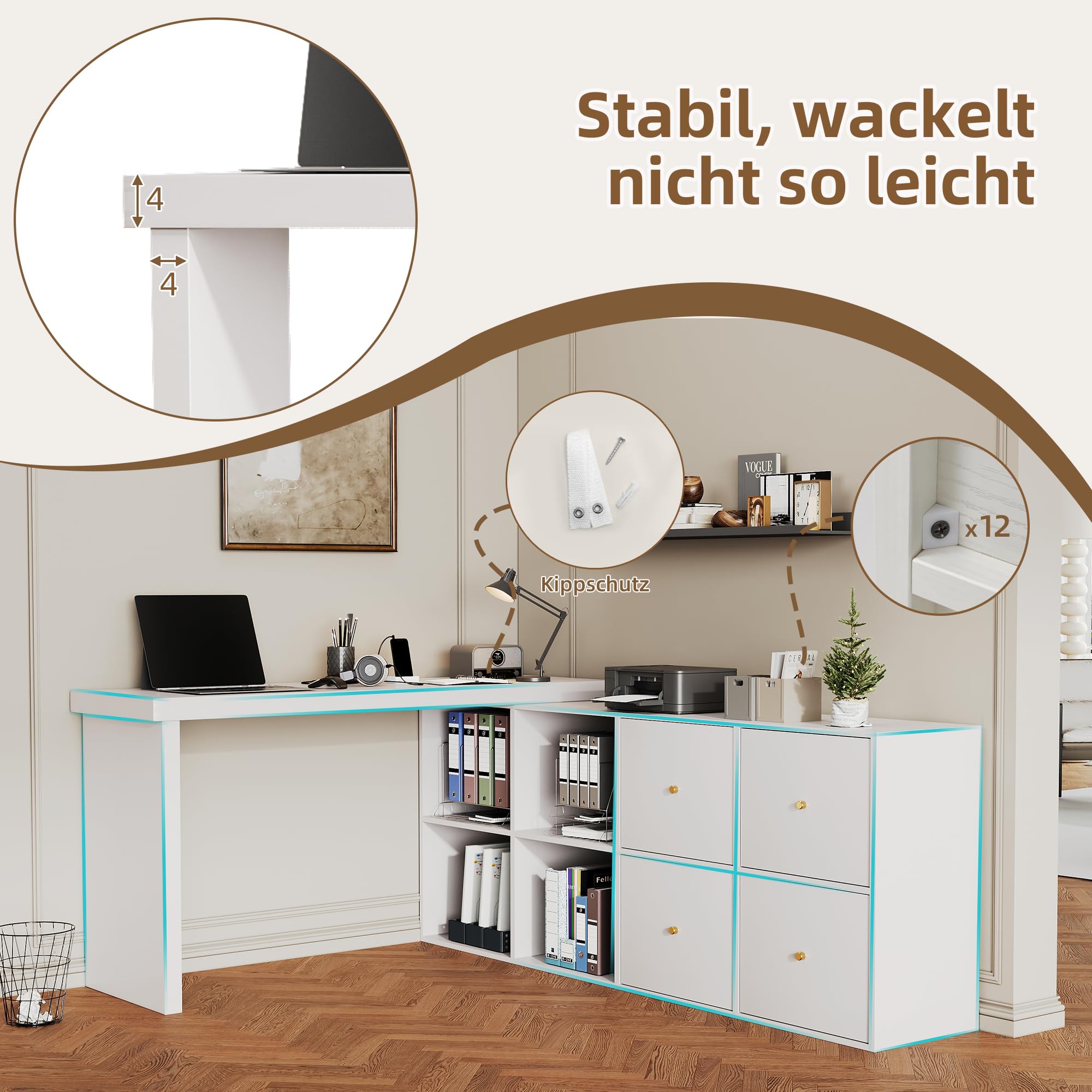 Kebnor Mesa esquinera, tablero orientable 360°, en forma de L o de pie recto, tablero de fibra de densidad media, tablero y patas reforzadas de 4 cm, con 4 compartimentos, cajones, escritorio