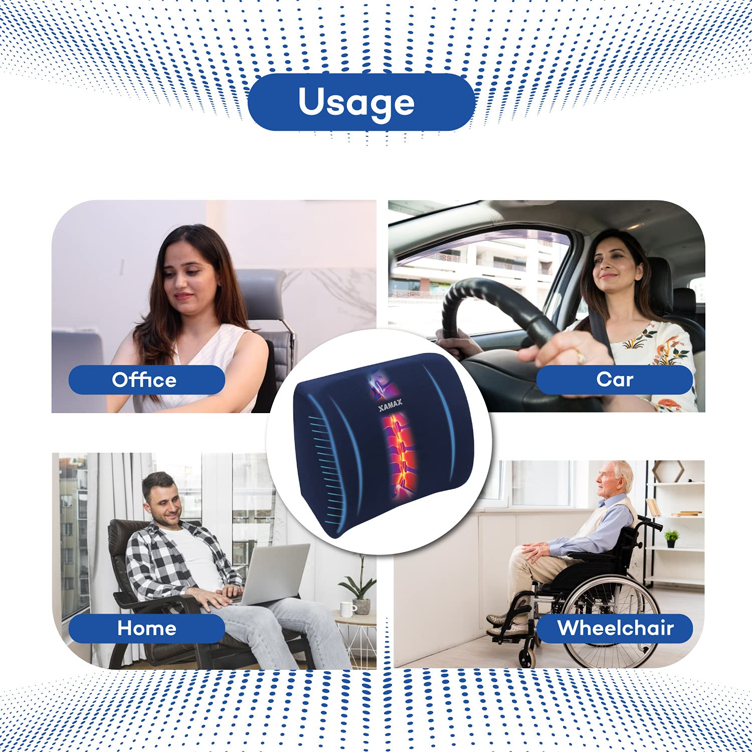 XAMAX 2nd Generation PRO L series LUMBAR SUPPORT Back Rest with Advanced POLY FLEXI FOAM,(Blue), Universal Size 3
