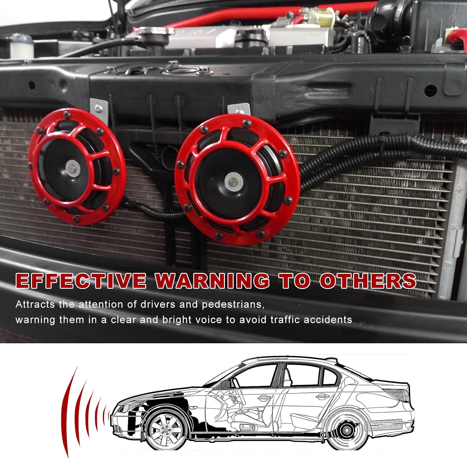 2 PCS Super Tone Car Horn Kit, 12V High Tone and Low Tone Twin Horn Kit with Protective Grill, Super Loud Metal Horns with Bracket for Cars Trucks SUVs Motorcycles (Red)