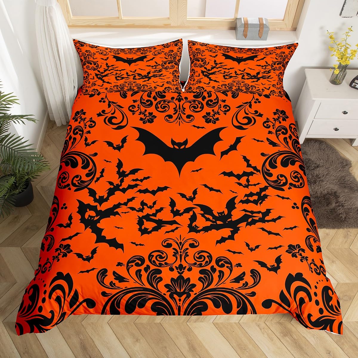 Halloween Theme Duvet Cover Orange And Black Goth Single Bedding Set Gothic Damask Bat Comforter Cover for Kids Adults Halloween Bats Bed Set Room Decor 1 Pillow Case