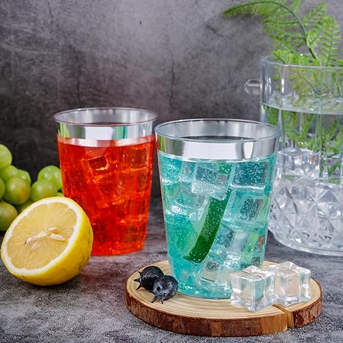 Miniatura 8 de I00000 100 vasos de plástico plateado, vasos de plástico transparente de 10 onzas con borde plateado, vasos de plástico duro desechables de alta