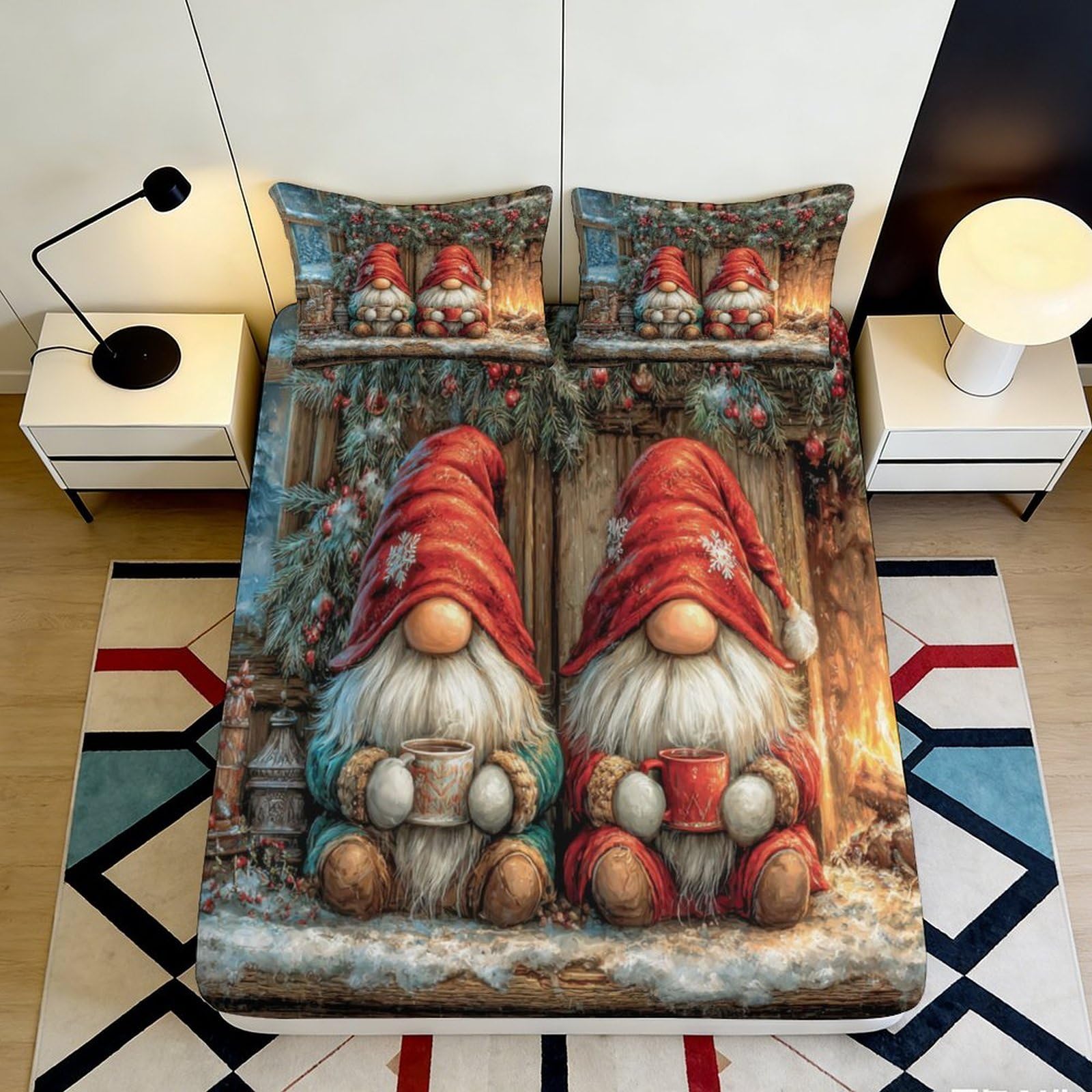 Pnayamiorkfel Style-9 3D Printed Christmas Gnome Fitted Sheet Microfiber Soft Decor Nordic Red Hat Bed Cover For Bedroom Guest Room 90X200x25cm