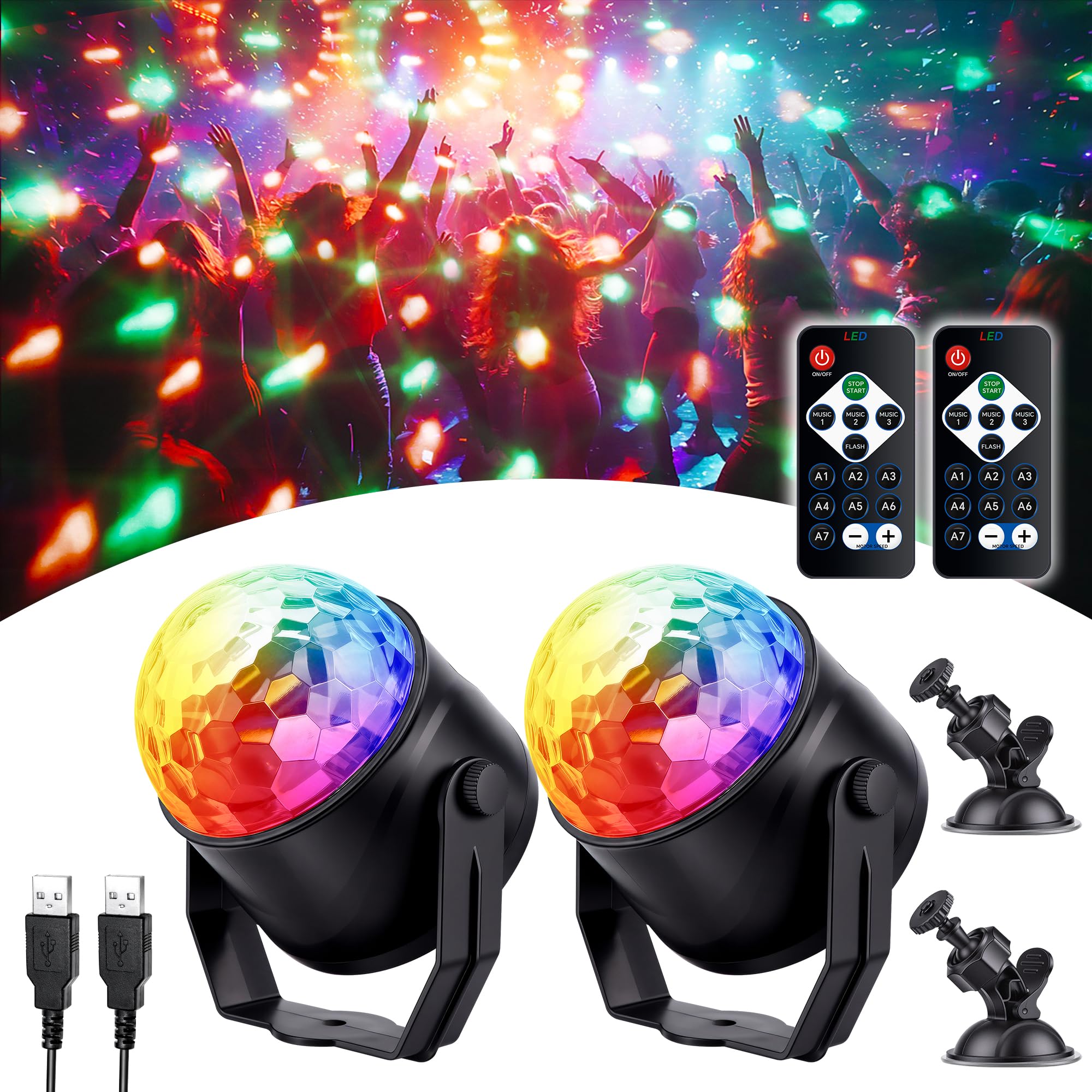 Luci Discoteca RGB, Portatile 360" Ruotabile Musica Attivata Telecomando LED Luci da Festa, Sfera Luminosa da Discoteca con Ventosa Per Home Dance Parties KTV Party,Bar, Club, Festa