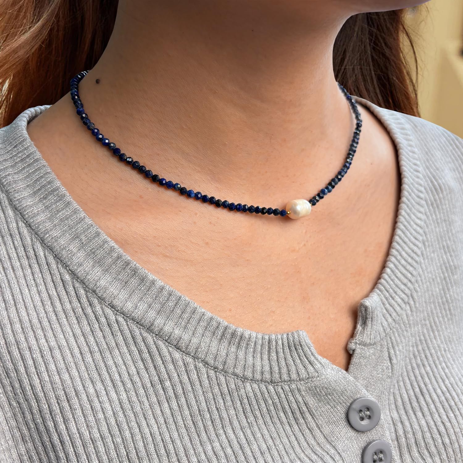 Crystal Beaded Necklace for Women Gemstone Necklace with Single Freshwater Pearl Colorful Beaded Necklaces for Women Trendy Natural Stone Choker - Image 5