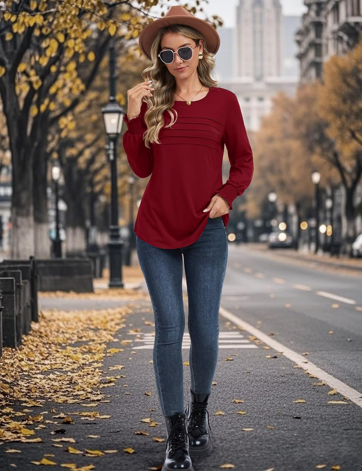 YUCOLEN Long Sleeve Shirts for Women Dressy Casual Business Blouses 2026 Pleated Crewneck Trendy Tunic Tops - Image 7