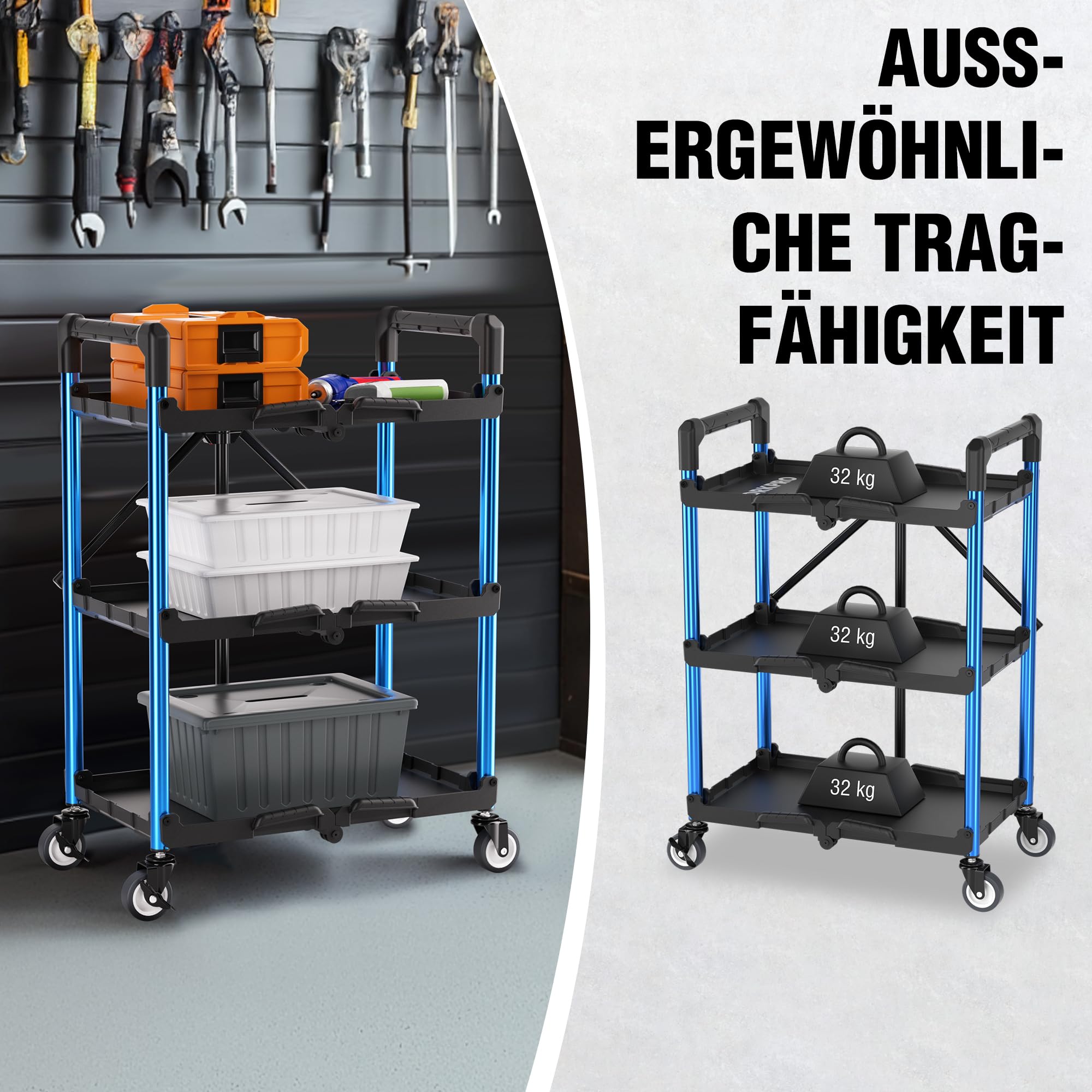 WORKPRO Servierwagen Klappbar mit Rollen, Faltbarer Rollwagen Beistellwagen 3 Etagen, Bis zu 96 kg Belastbar, Küchenwagen Transport Wagen für Werkstatt, Küche, Büro, Picknick