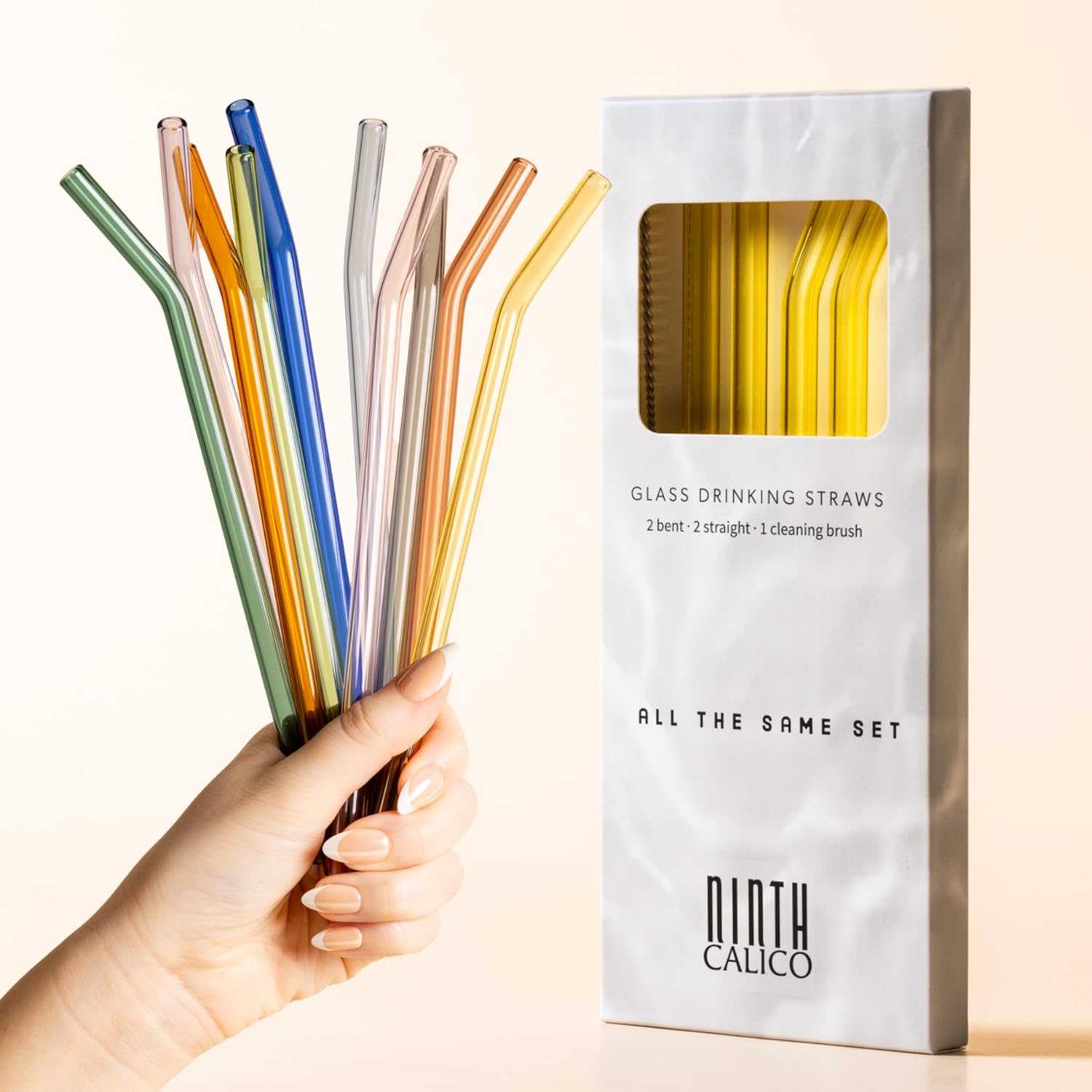 Reusable Glass Drinking Straws – Colorful, Durable, Shatter-Resistant – Includes 2 Straight, 2 Bent Straws & 1 Cleaning Brush (Butter Yellow, 4-Pack)