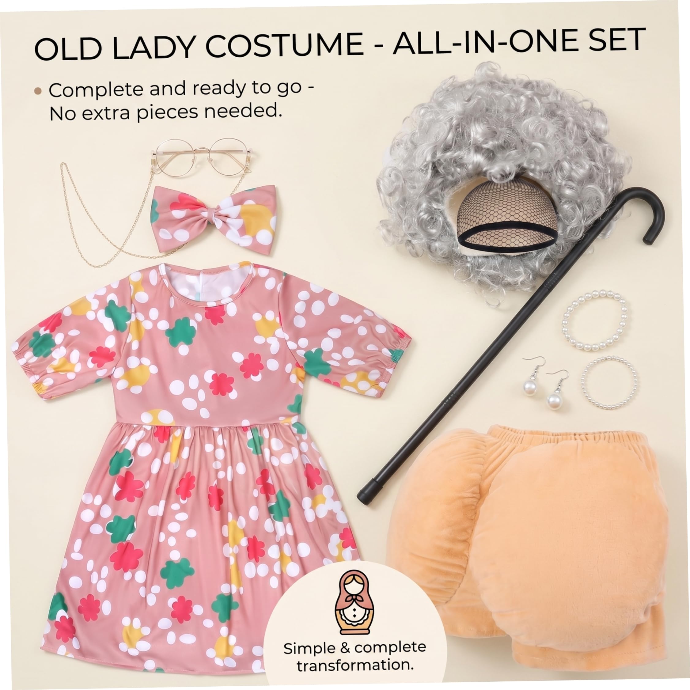 Disfraz de anciana para niños, Disfraz de Abuela, Conjunto Completo con Vestido y Accesorios para el día número 100 de Clases |.Talla L