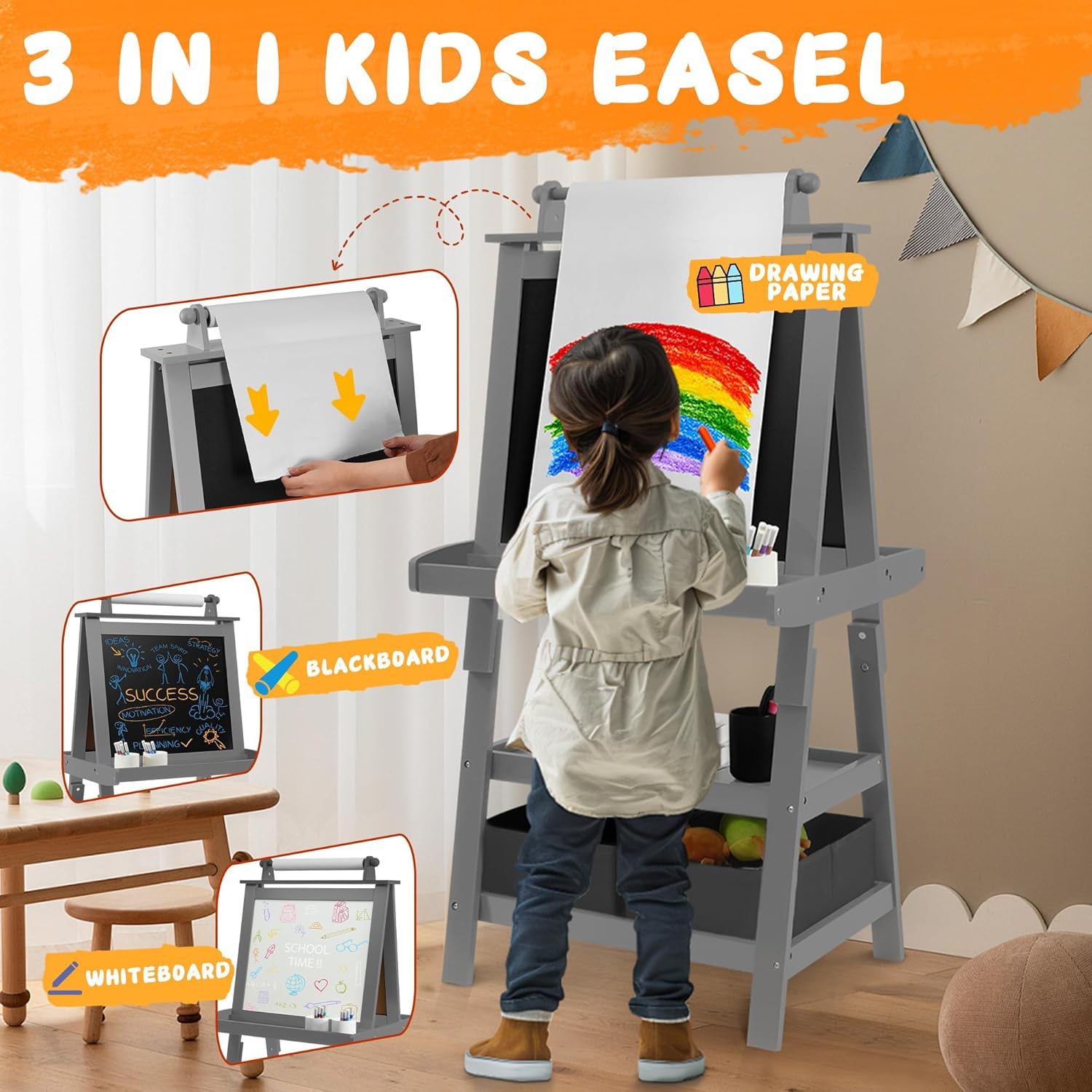 Elevon Art Easel for Kids, 3 in 1 Adjustable Wooden Kids Drawing Easel, Double-Sided Whiteboard, Chalkboard & Paper Roll, 2-Tier Rack with 2 Storage Boxes, Standing Easel for for Painting & Drawing