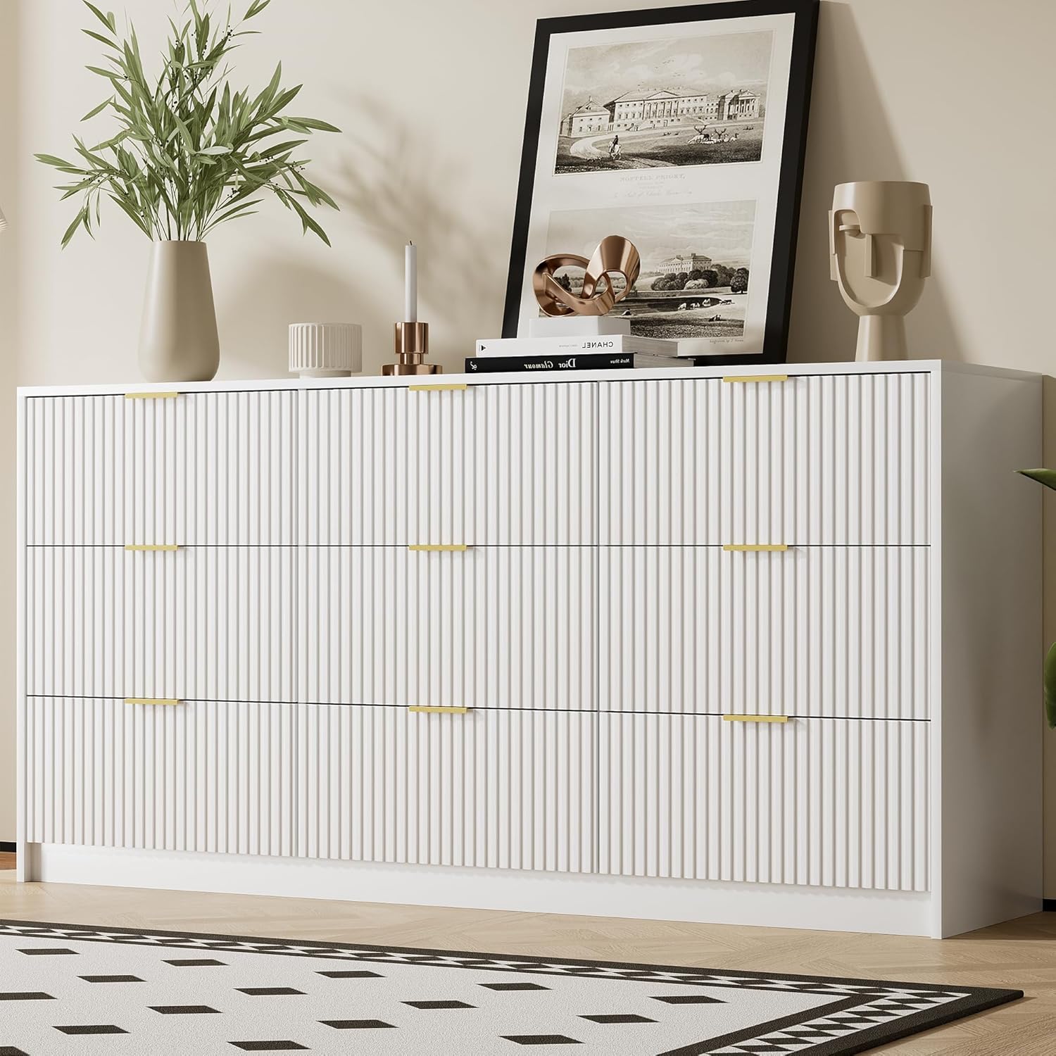 White Dresser for Bedroom, Modern 9 Drawer Dresser with Smooth Slides and Gold Handles, Wide Bedroom Chest for Living Room, Closet, 63" W x 15.7" D x 31.5" H