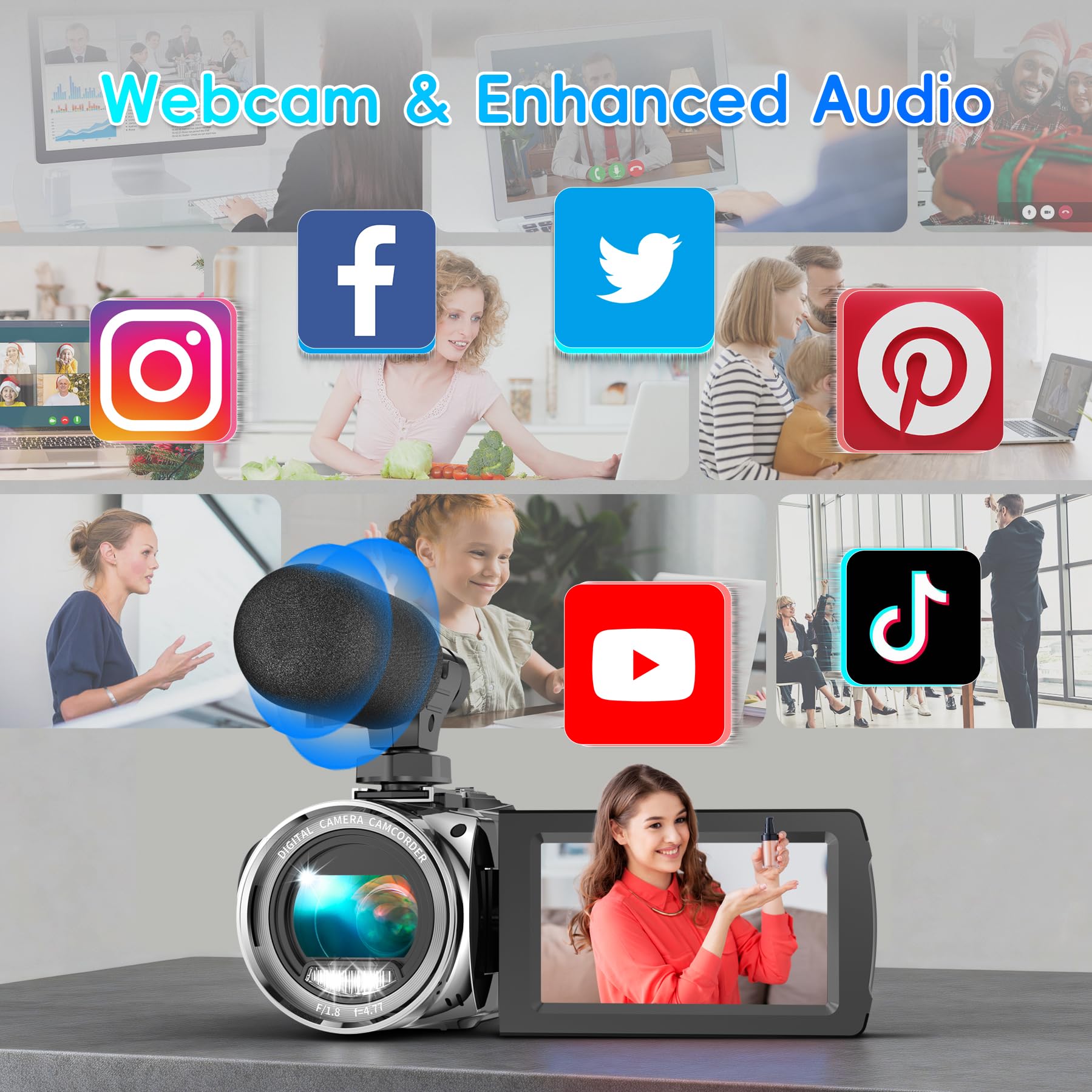 Caméra Vidéo Caméscope 4K 36MP, Zoom Numérique 18X Vlogging YouTube Caméra Écran Rotatif 270° 3 Pouces Video Camera Avec Carte 32Go & Batterie