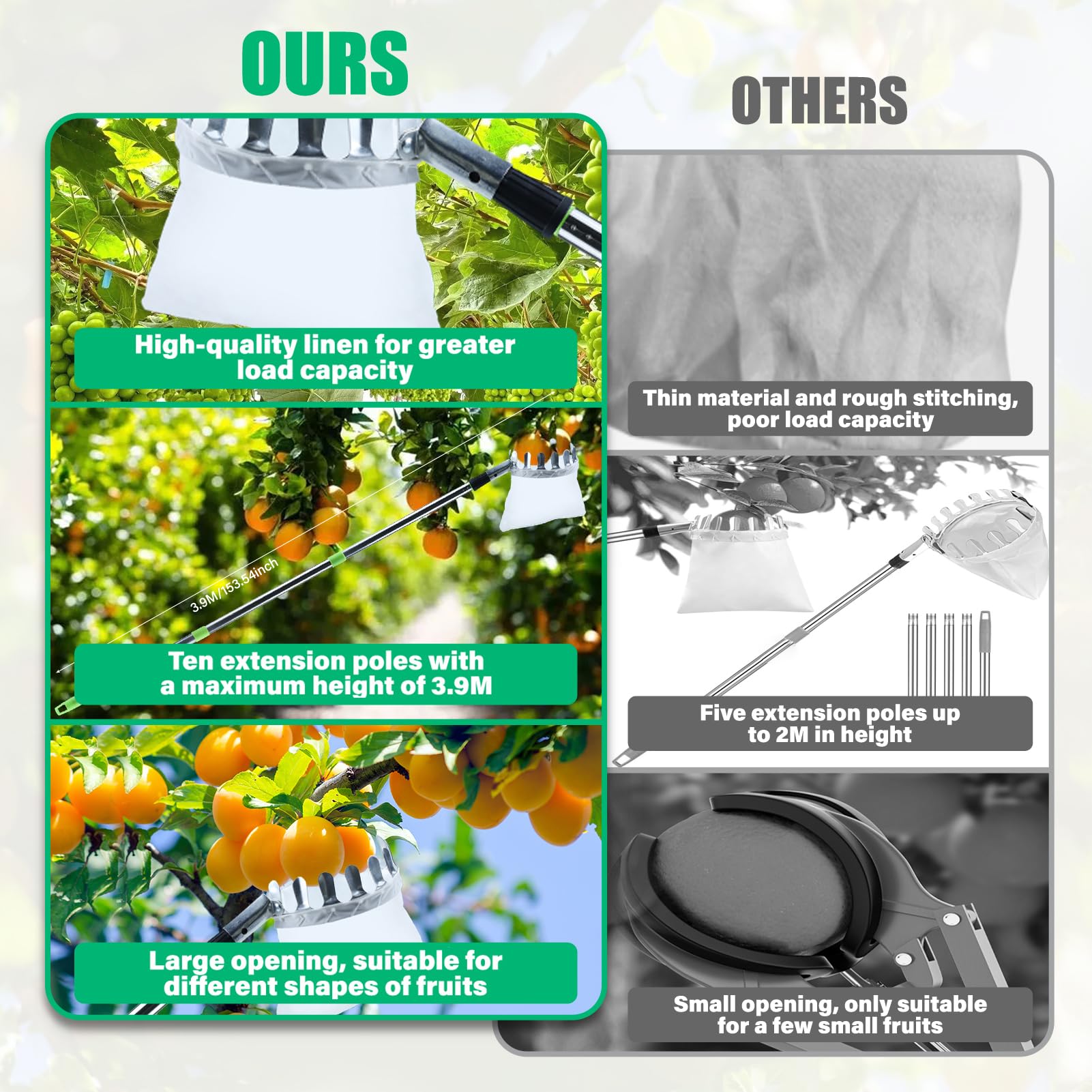 Recogedor Frutas Telescopico, 3.9M Recogedor de Frutas con Varillas de Extensión, Recoge Frutas de árboles con Bolsa de Algodón, Frutas Herramientas Recolectoras para Manzanas, Naranjas, Peras