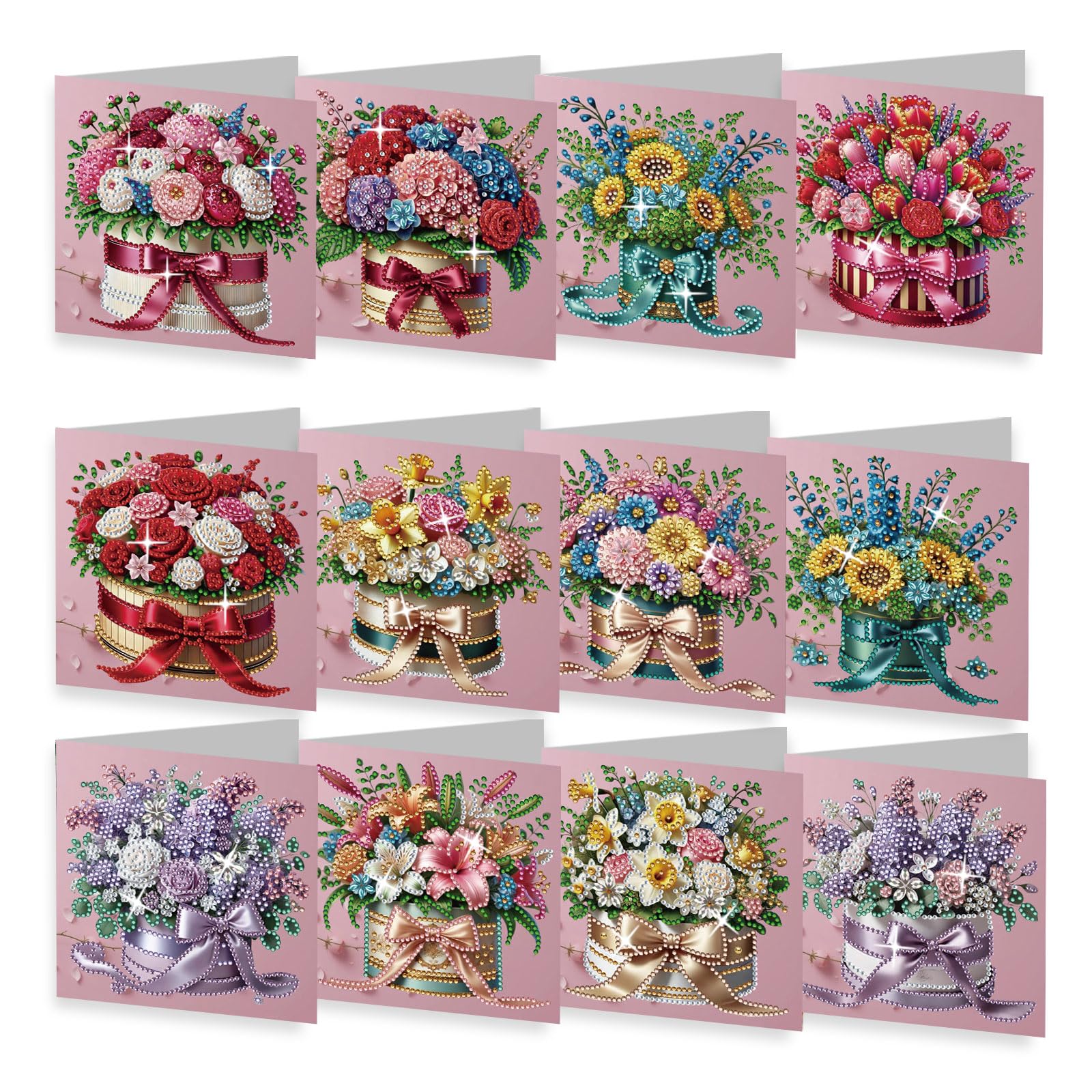 LFSX0828 12 Pcs DIY Diamond Painting Card Kit with Envelope, Diamond Art Birthday Cards for Adults, Art Crafts Kit Creative Gift (Bouquet)