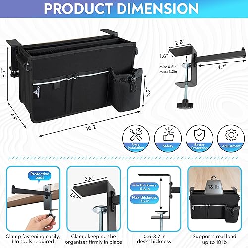 Miniatura 6 de Soporte de escritorio lateral para laptop para hasta 3 laptops, organizador de escritorio lateral con divisor ajustable y bolsillo para botella