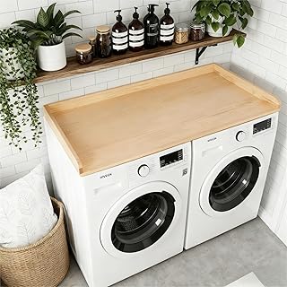Laundry Room Washer and Dryer Countertop for Organization, 27.5" W x 54" L Solid Pine Wood Washer Dryer Countertop, Laundry Machine Topper with Edge Rails and Non-Slip Pads