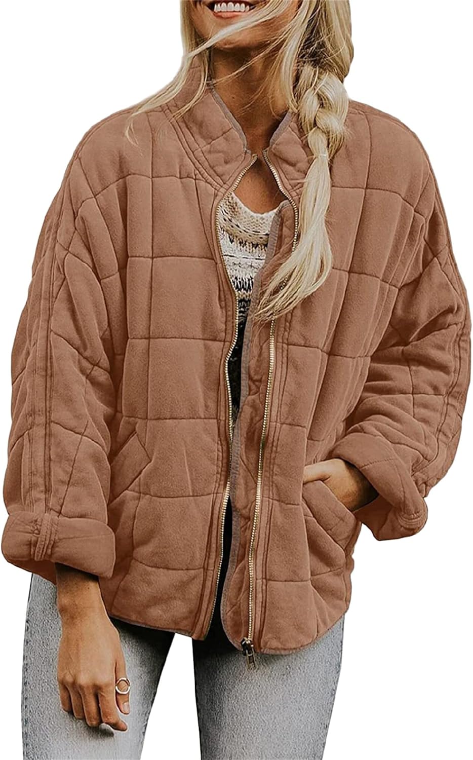 BOFETA Women's Quilted Jackets Lightweight Shacket Fall Oversized Zip Up Coat Outerwear