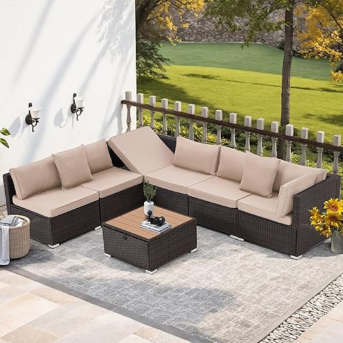 7 Piece Outdoor Patio Furniture, Hand Woven PE Rattan Wicker Patio Conversation Sets, Outdoor Sectional Set with Glass Table, Cushions and Pillows, Lift Sofa for Garden, Balcony, Lawn, Khaki