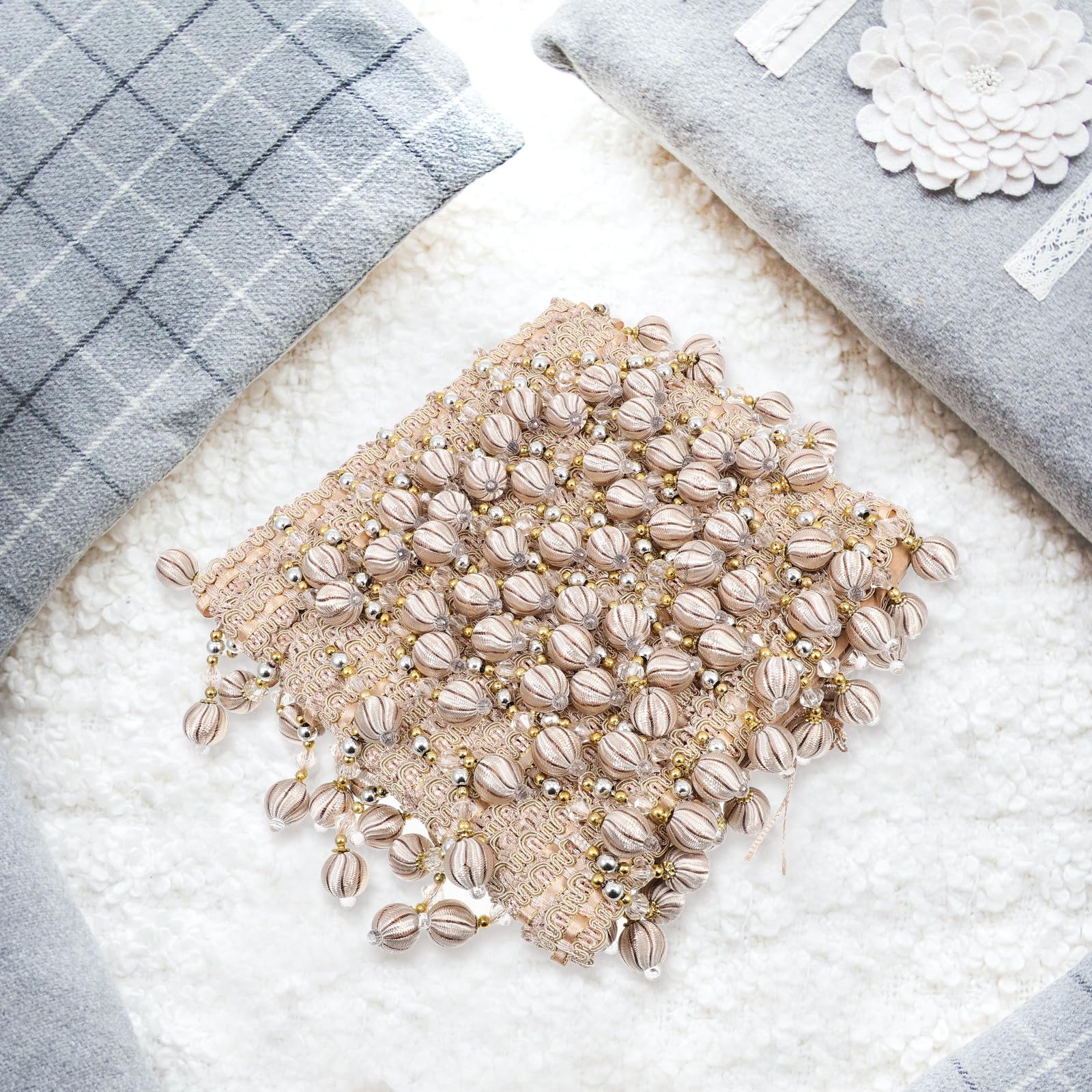 Perlenquastenanhänger Beige mit Feinem Touch, Dekorative Fransenborte | Polyesterseide und Kunststoff, für Partys und Zuhause, Bastelbedarf für Gardinenzubehör