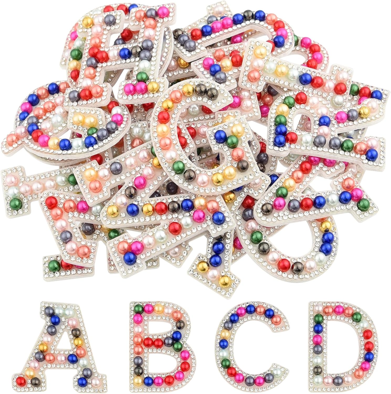 CHRORINE 26/52/78 Pcs Self Adhesive Pearl Rhinestone Letter Patches A-Z, Pearl Letter Alphabet Stickers for Hats, Clothes, Pants, Bags (26, White, Height 1.9″)