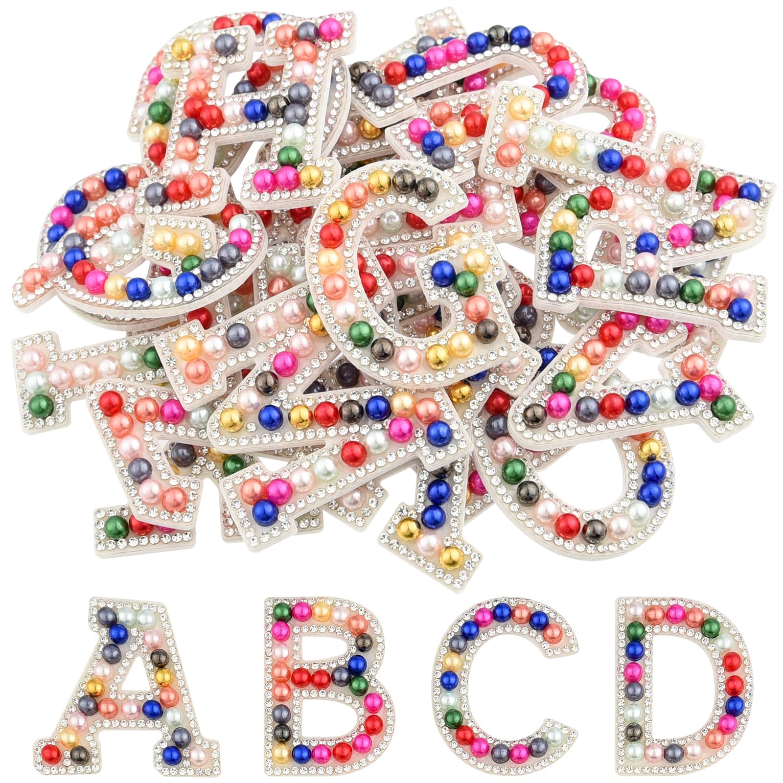 CHRORINE 26/52/78 Pcs Self Adhesive Pearl Rhinestone Letter Patches A-Z, Pearl Letter Alphabet Stickers for Hats, Clothes, Pants, Bags (26, Multicolor, Height 1.9″)