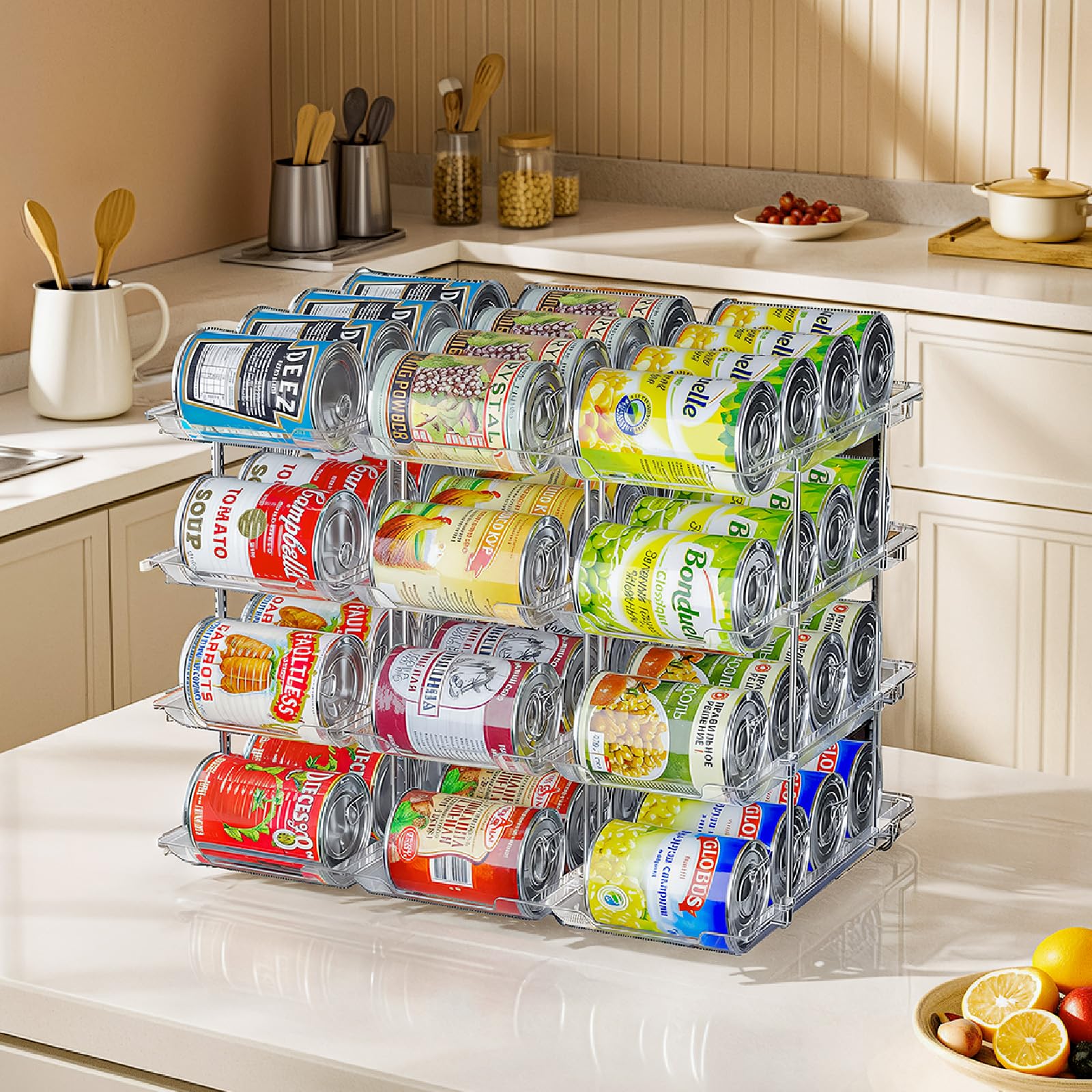 Organizador de latas para despensa y refrigerador, 3 juegos de estantes de almacenamiento de 4 niveles con capacidad para 48 latas, organizador de alimentos enlatados transparente apilable (4 niveles