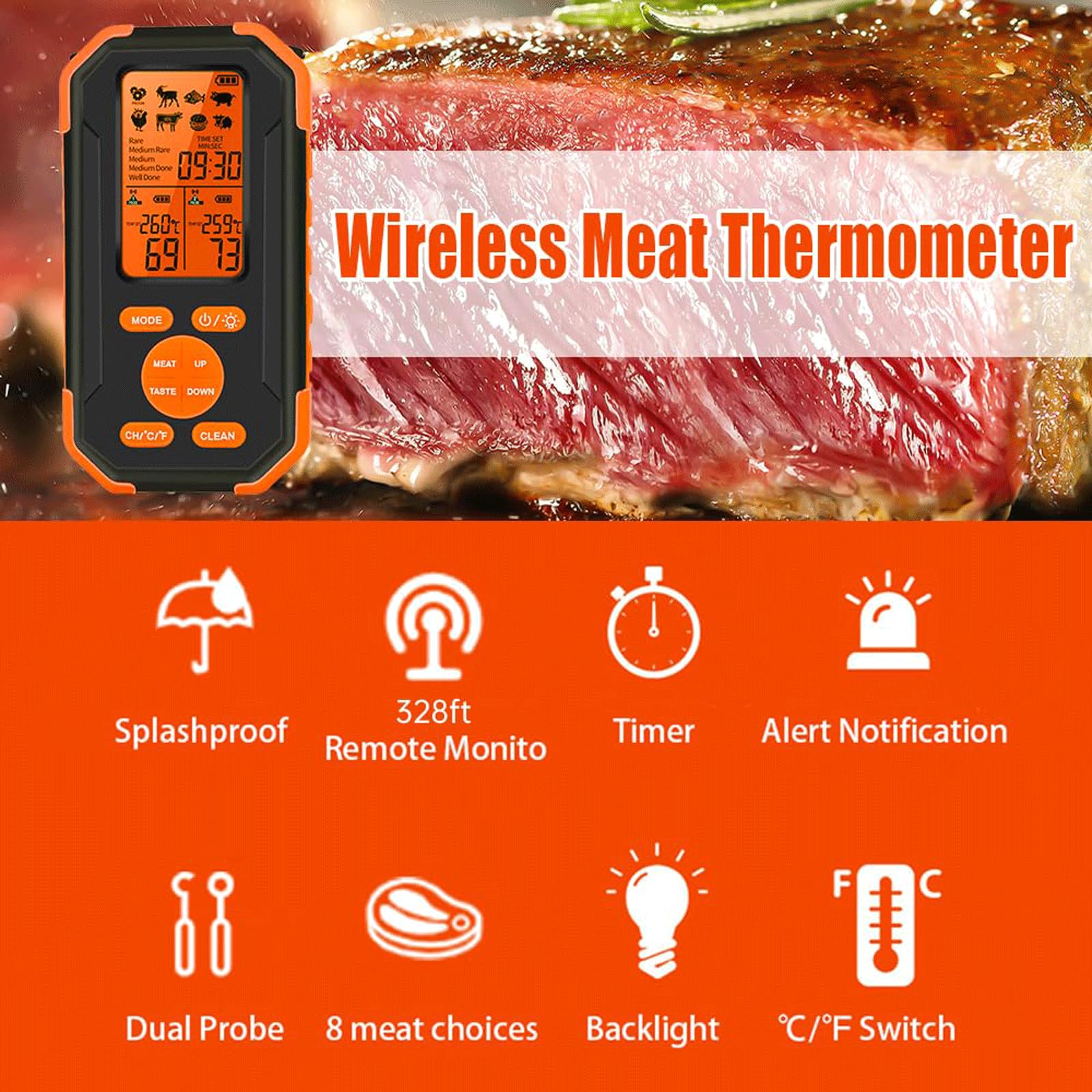 KRILLIQ Termómetro de cerámica de Doble sonda, termómetro de Cocina Inteligente de Alcance Remoto, termómetro inalámbrico para Barbacoa y Parrilla para Tambor de Horno ahumador