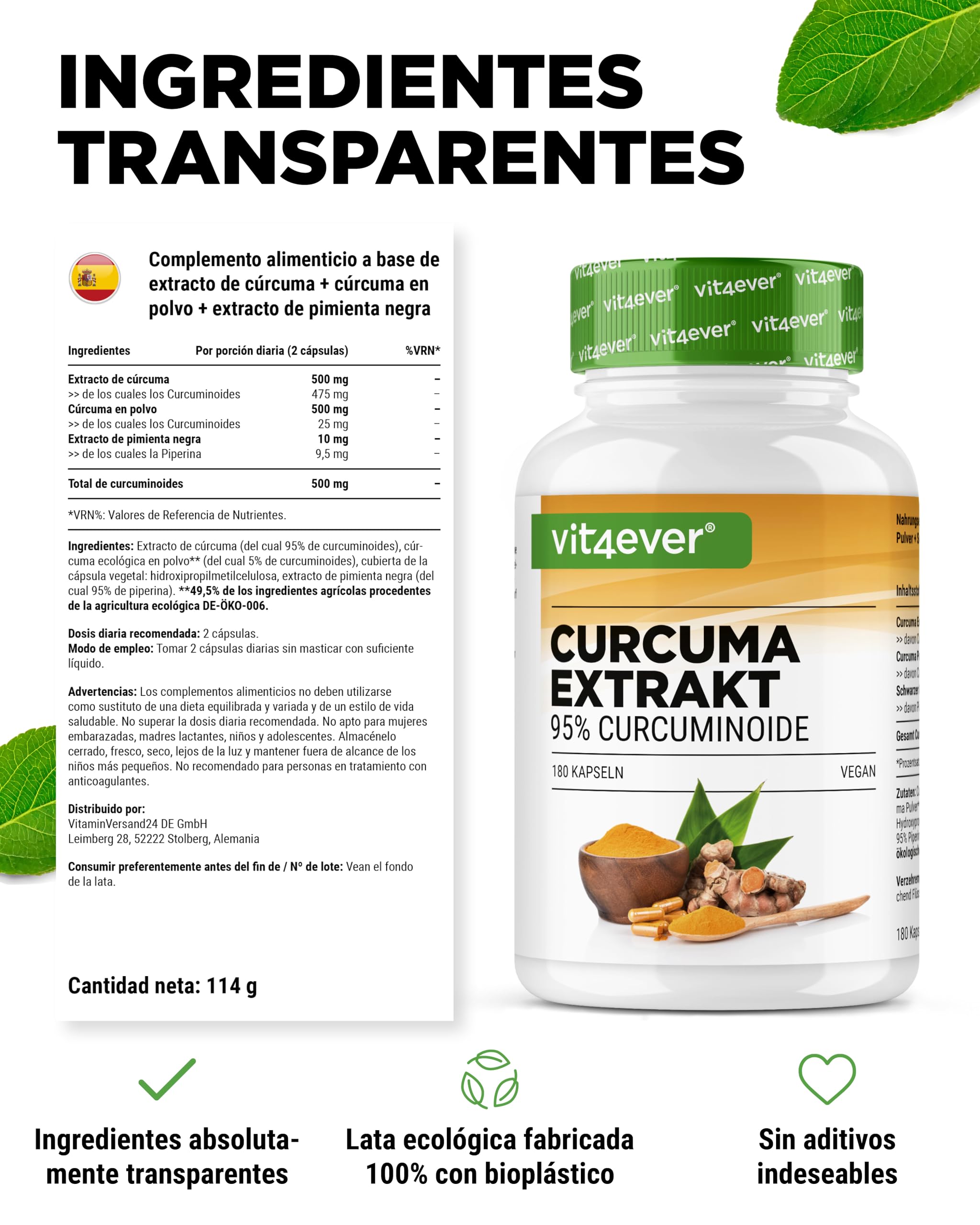Extracto de cúrcuma - 180 cápsulas - Alta dosis con 500 mg de curcumina por dosis diaria - Con un 90% de contenido en curcumina - Sin aditivos indeseables, vegano