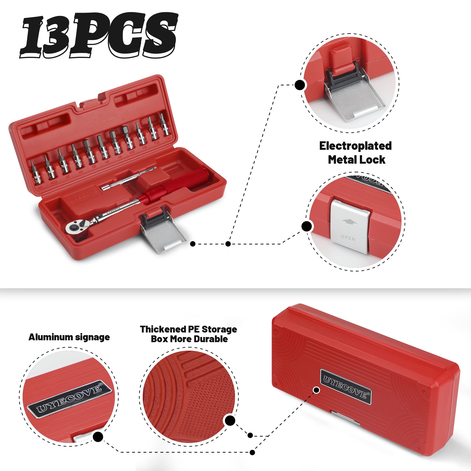 UYECOVE 1/4 Inch Drive Torque Wrench 2-20 Nm, 13Pcs Bike Torque Wrench Set, Bicycle Maintenance Tool Kit for MTB Mountain Road, with Allen Hex, Torx Sockets, Extension Bar, Storage Case, Red